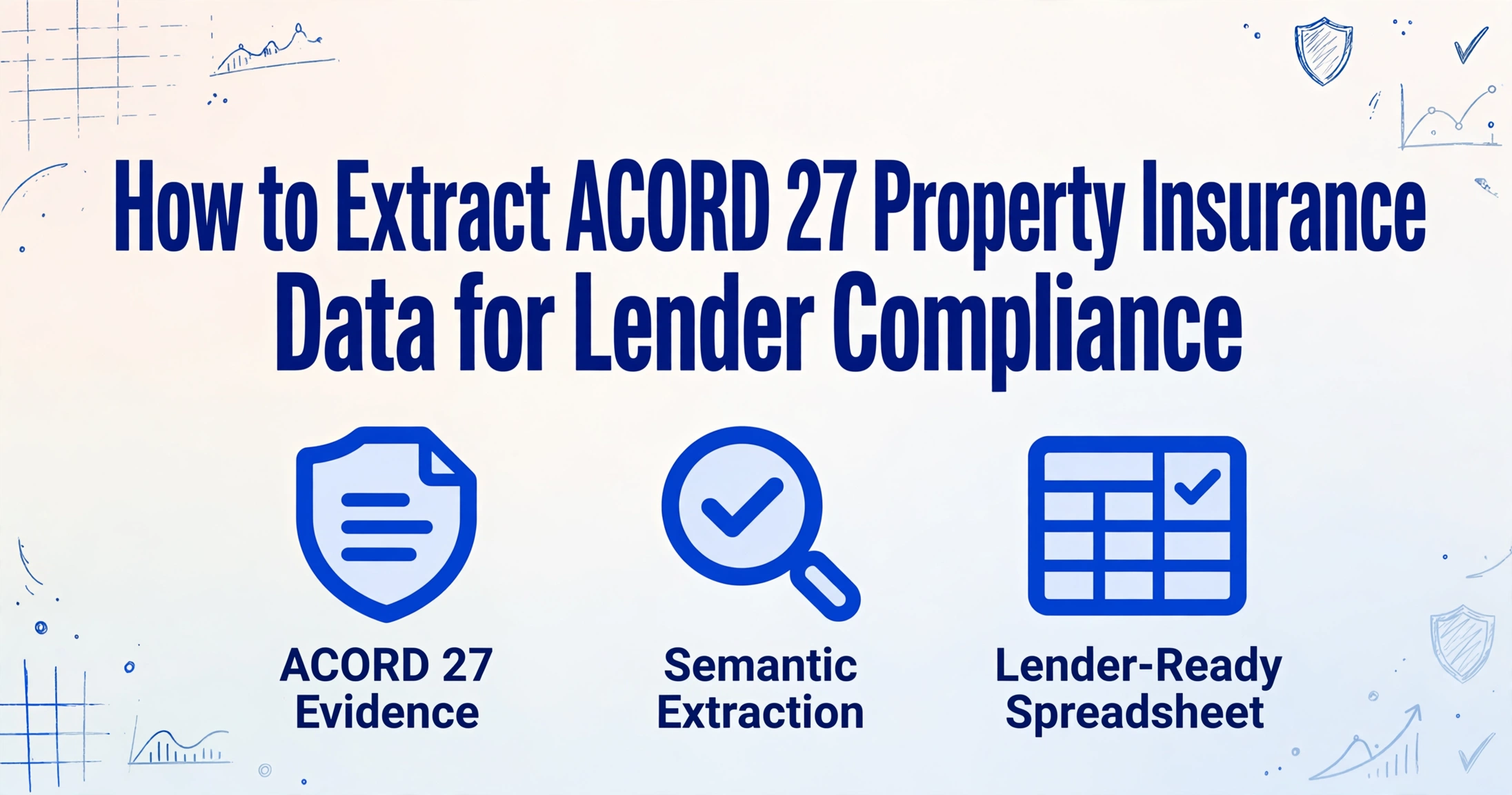 Hero image with title 'How to Extract ACORD 27 Property Insurance Data for Lender Compliance' and three icons representing ACORD 27 evidence, semantic extraction, and lender-ready spreadsheet
