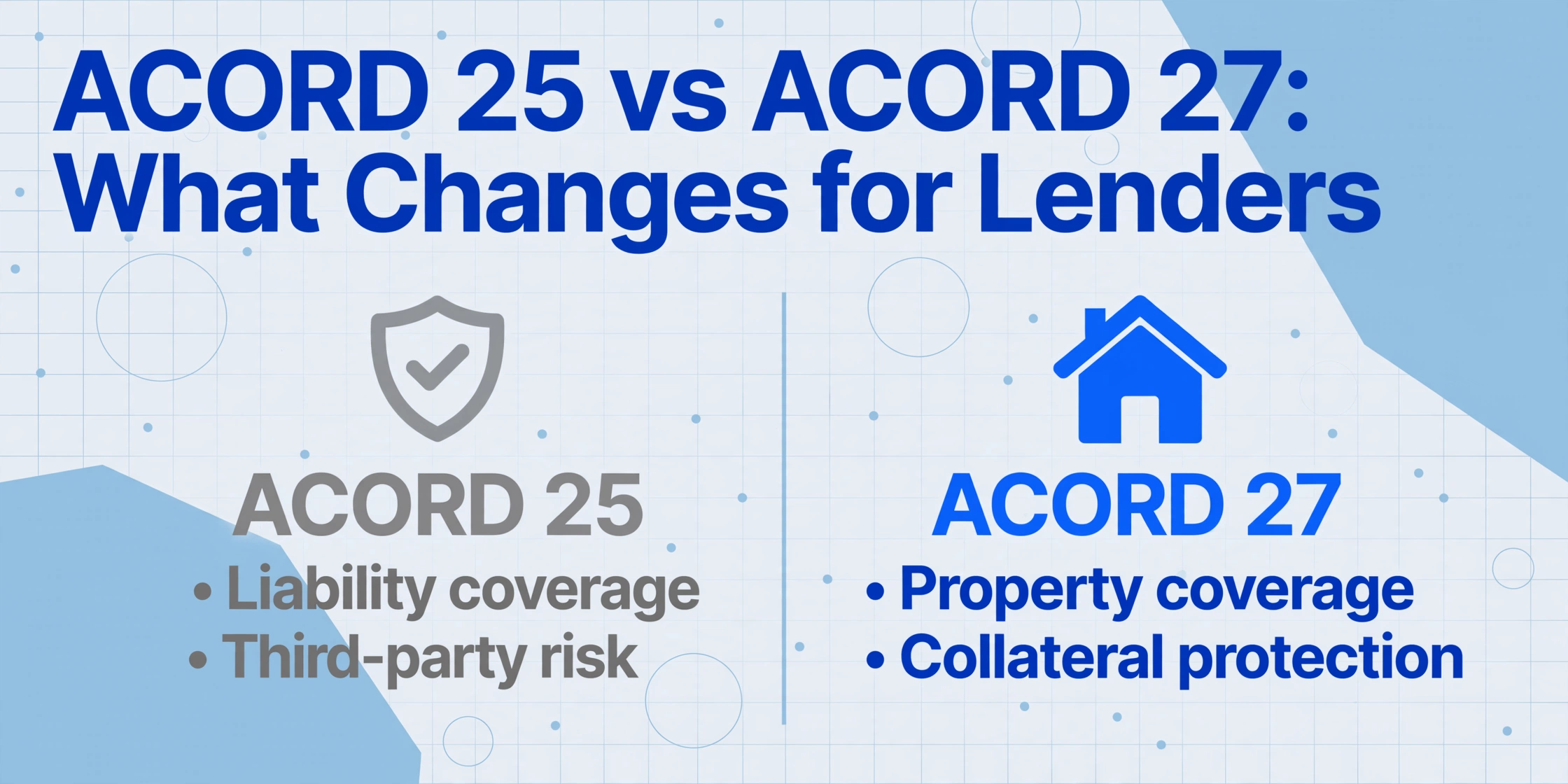 Comparison chart of ACORD 25 vs ACORD 27, showing liability coverage vs property coverage for lenders