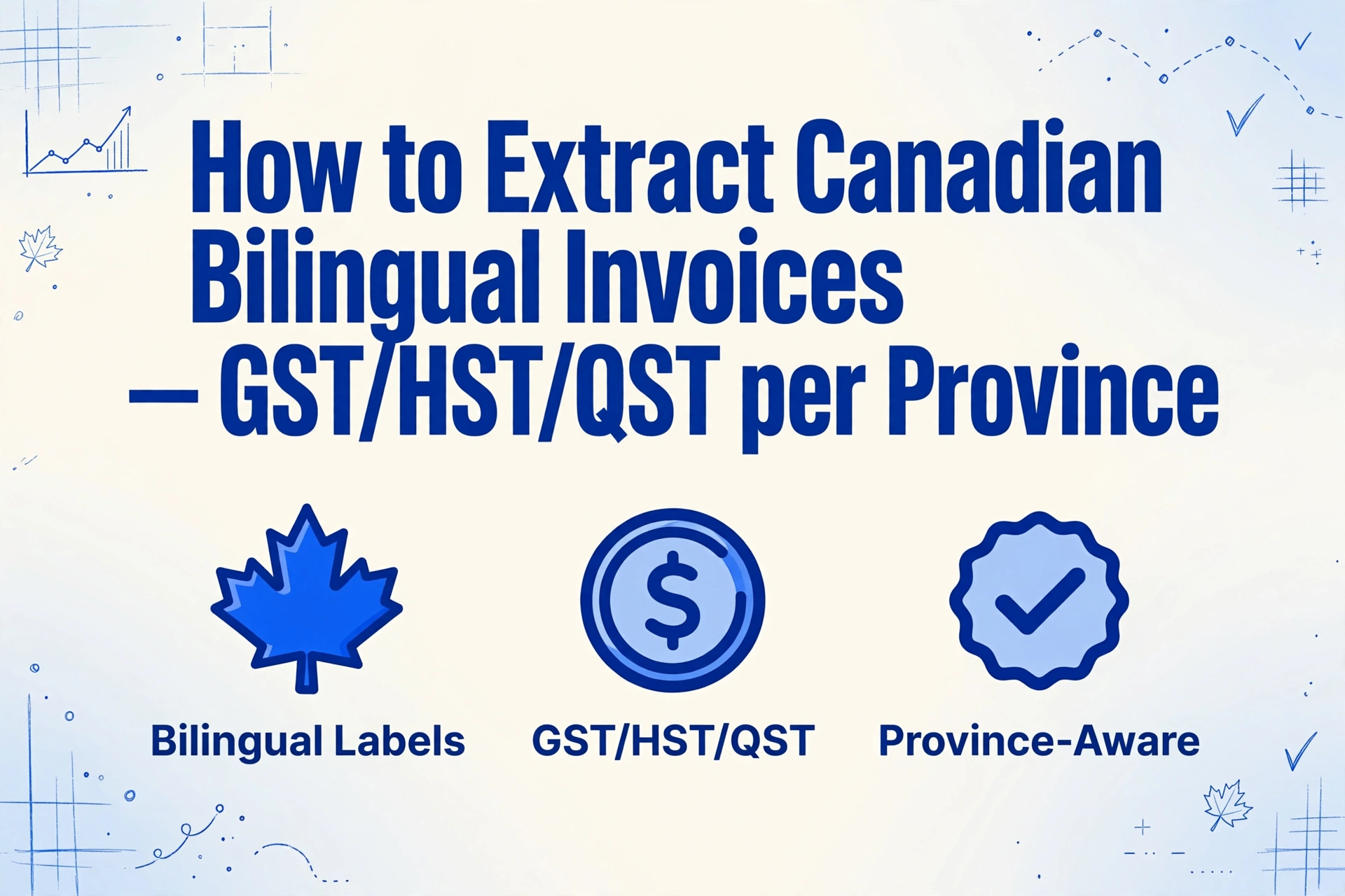 Hero image with title 'How to Extract Canadian Bilingual Invoices — GST/HST/QST per Province' and three icons for Bilingual Labels, GST/HST/QST, and Province-Aware