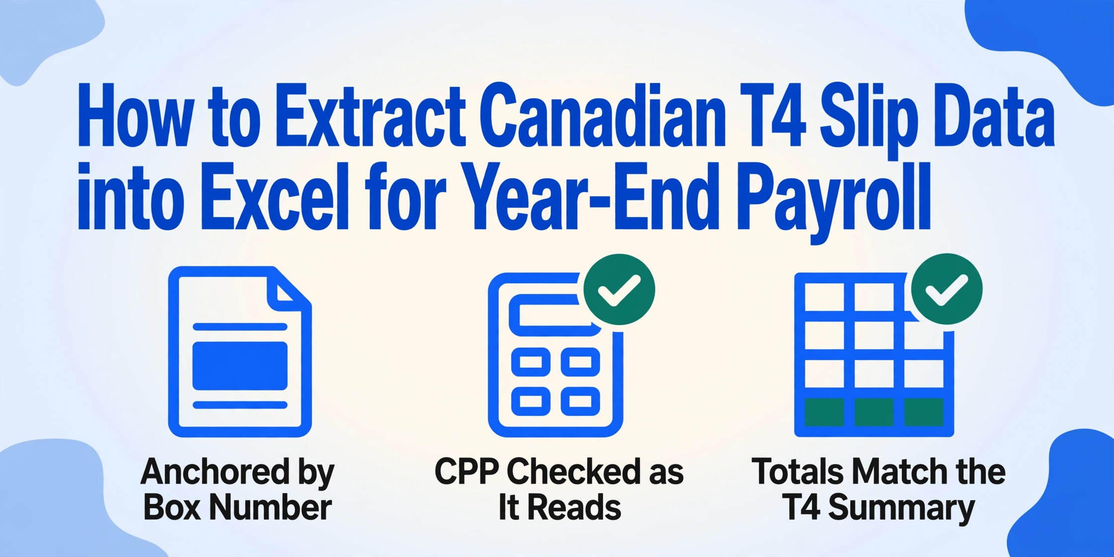 제목이 'How to Extract Canadian T4 Slip Data into Excel for Year-End Payroll'인 에디토리얼 스타일 블로그 히어로 그래픽과 'Anchored by Box Number', 'CPP Checked as It Reads', 'Totals Match the T4 Summary'라고 표시된 세 개의 평평한 파란색 아이콘