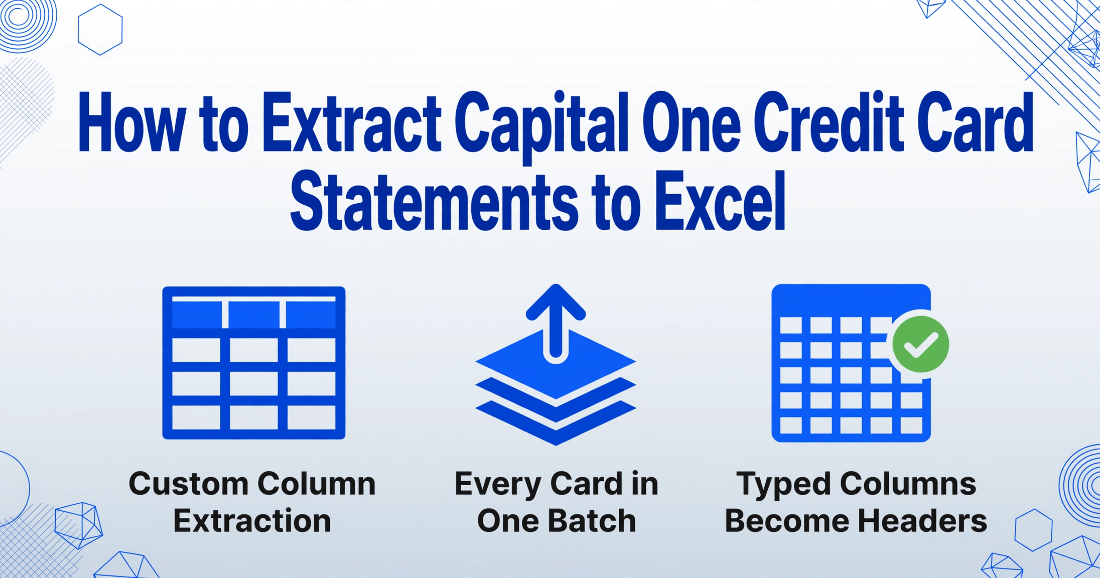 Imagem principal do blog com o título Como extrair extratos de cartão de crédito da Capital One para o Excel, além de três ícones vetoriais planos rotulados Extração de Colunas Personalizadas, Todos os Cartões em um Único Lote e Colunas Digitadas Viram Cabeçalhos.
