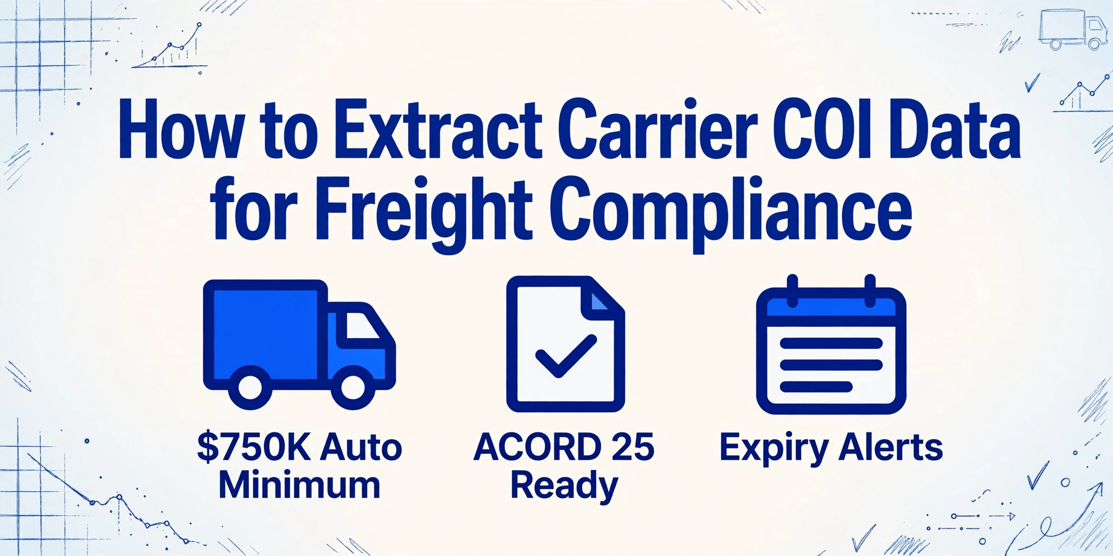 Blog cover image with title 'How to Extract Carrier COI Data for Freight Compliance' and three icons for $750K Auto Minimum, ACORD 25 Ready, and Expiry Alerts