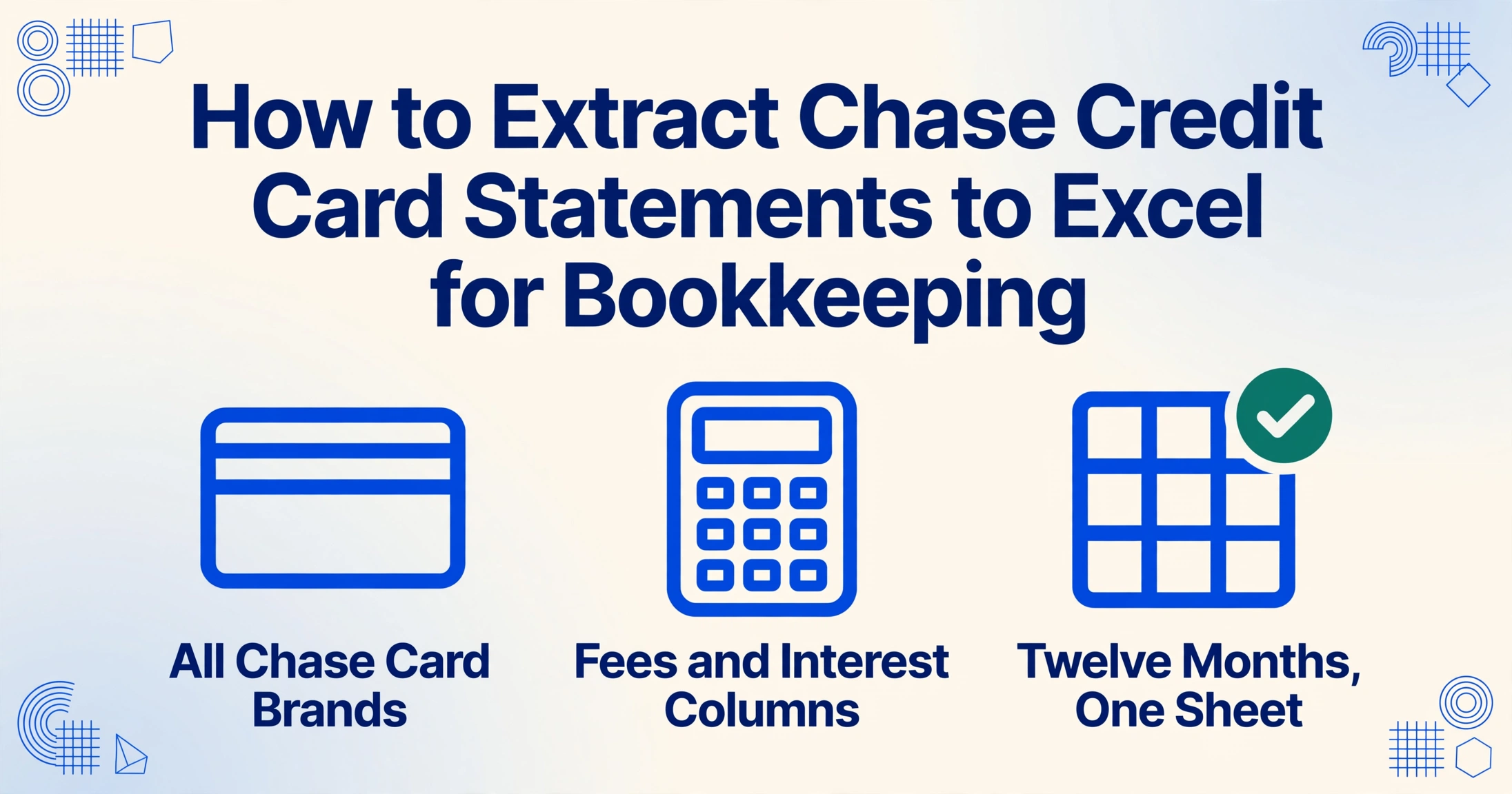 Chaseクレジットカード明細をExcelに抽出するという記事タイトルと、クレジットカード、電卓、チェックマーク付きスプレッドシートグリッドの3つのアイコンを描いたフラットベクターのヒーロー画像。
