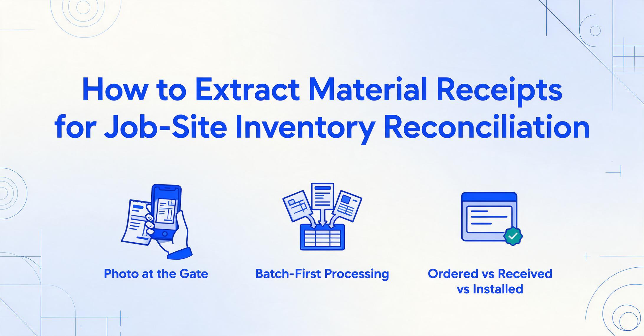 Blog hero illustration on a light blue gradient background with thin blue geometric line decorations: a dark blue headline reading How to Extract Material Receipts for Job-Site Inventory Reconciliation, above three flat blue icons labelled Photo at the Gate, Batch-First Processing, and Ordered vs Received vs Installed.