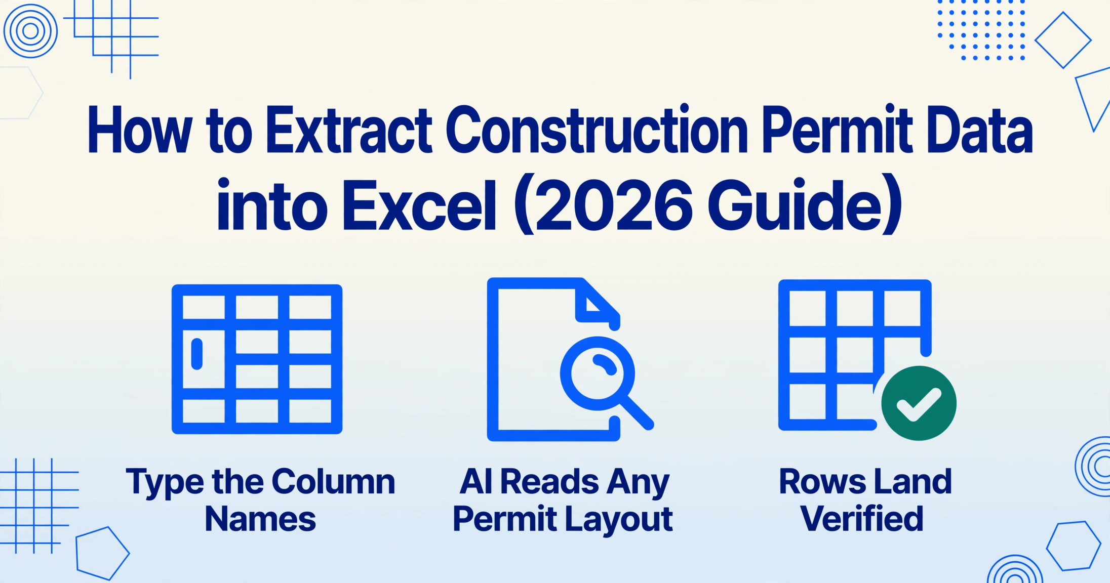 Hero image titled How to Extract Construction Permit Data into Excel (2026 Guide) with three icons below reading Type the Column Names, AI Reads Any Permit Layout, and Rows Land Verified.