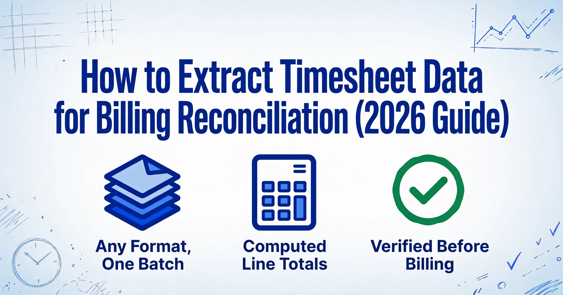 Hero image with title 'How to Extract Timesheet Data for Billing Reconciliation (2026 Guide)' and three icons: Any Format One Batch, Computed Line Totals, Verified Before Billing