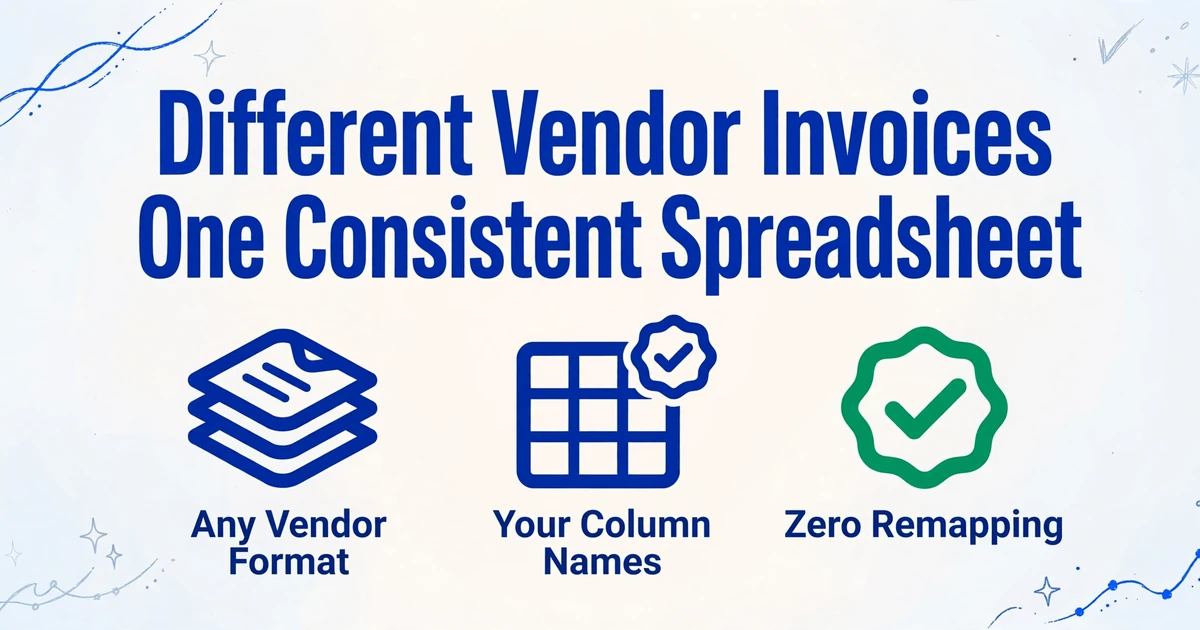 Blog cover image with title 'Different Vendor Invoices, One Consistent Spreadsheet' and three icons representing any vendor format, custom column names, and zero remapping