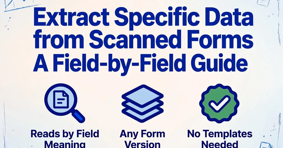 Imagen principal con el título 'Extraiga datos específicos de formularios escaneados: una guía campo por campo' y tres iconos: lupa sobre documento, documentos apilados, insignia de verificación verde