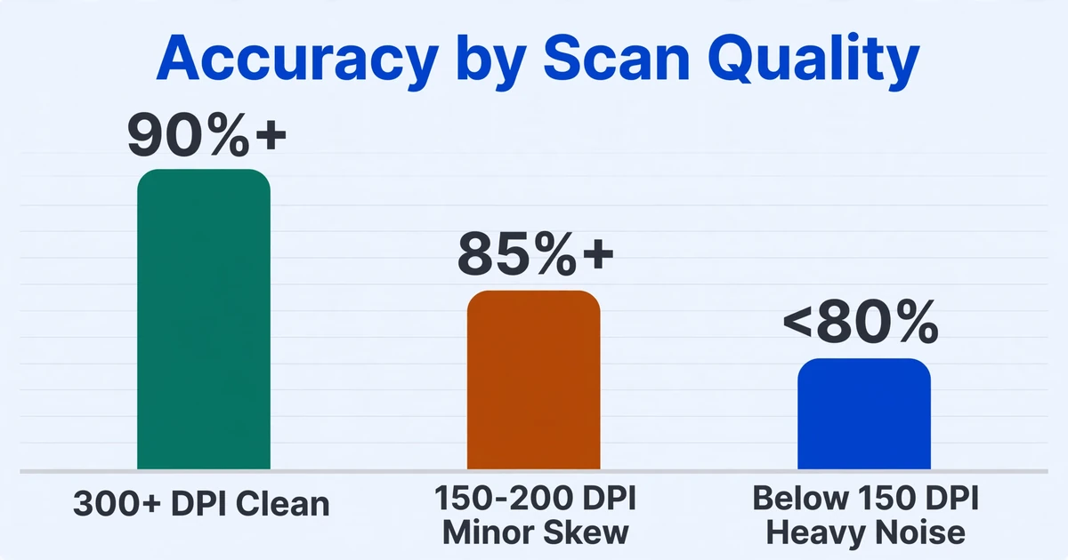 Gráfico de barras que muestra la precisión de extracción según la calidad del escaneo: 90%+ para escaneos limpios a 300 DPI, 85%+ para 150-200 DPI con ligera inclinación, por debajo del 80% para escaneos de baja calidad
