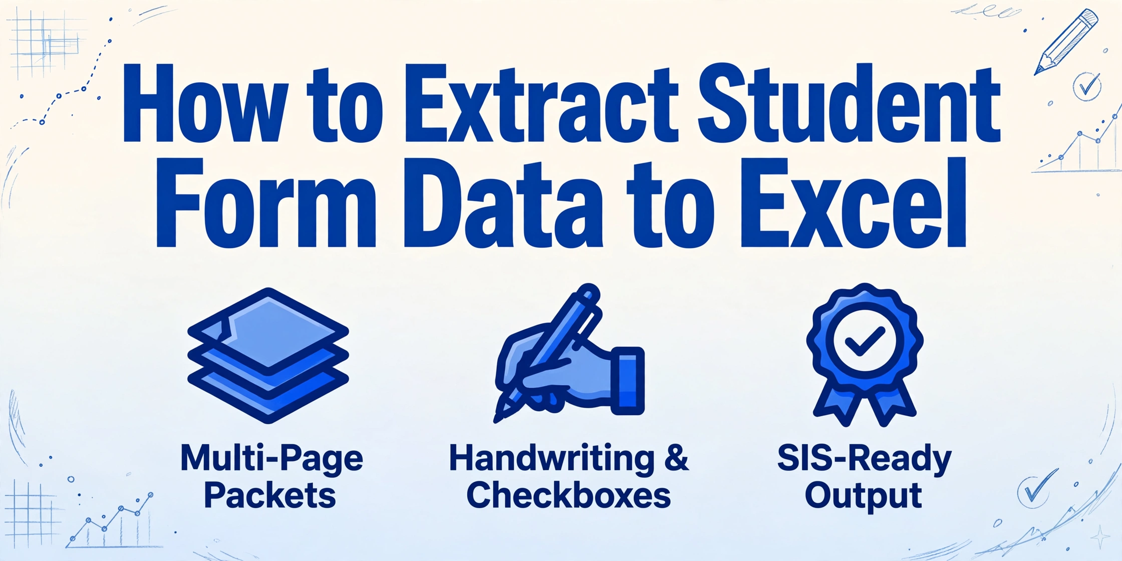 タイトル「学生登録フォームデータをExcelに抽出する方法」。複数ページのパケット、手書き、チェックボックス、SIS対応出力のアイコンを、手描きの落書きのある明るい青の背景に配置。