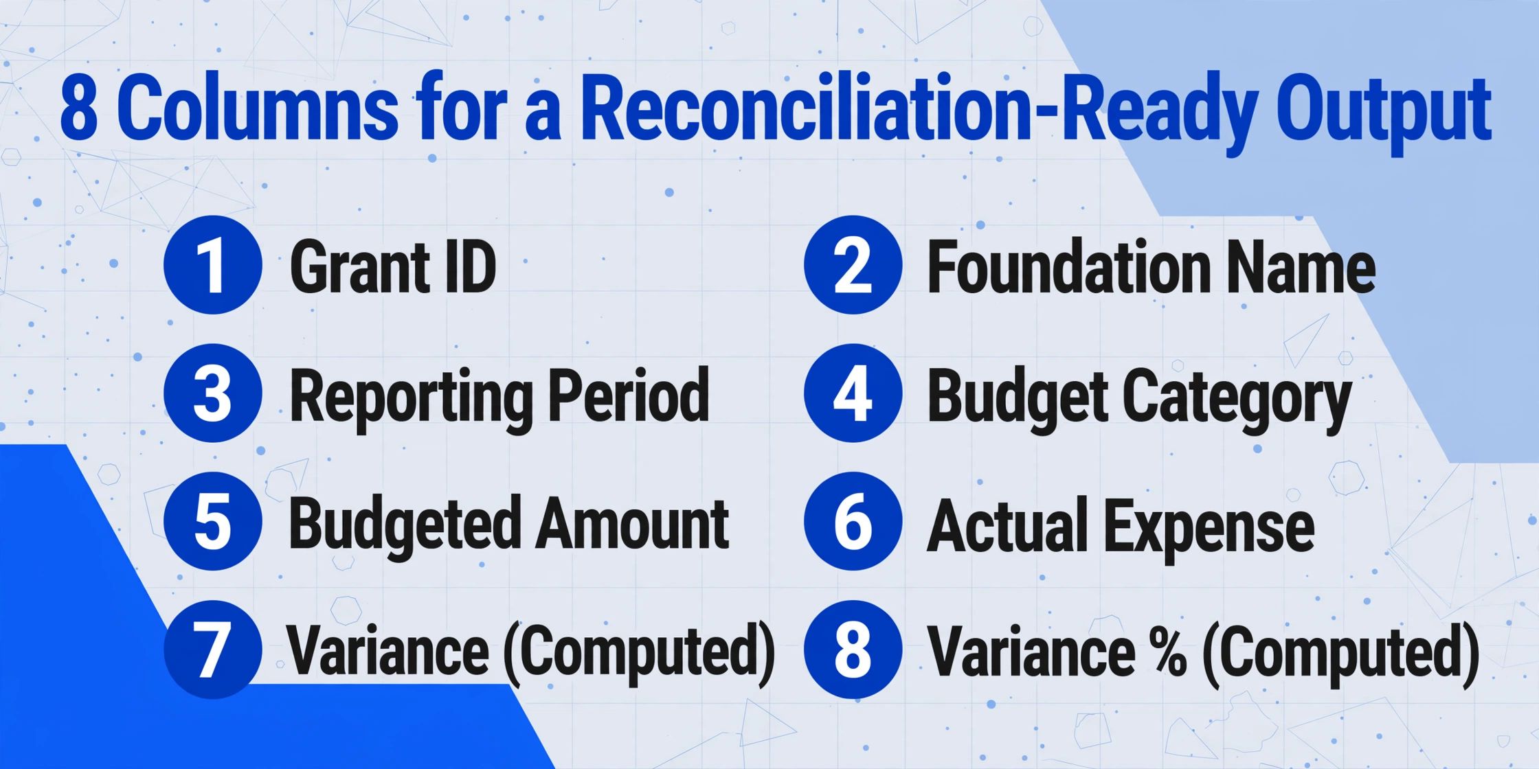 Liste de huit colonnes d'extraction pour les rapports de dépenses de subvention, incluant Grant ID, Foundation Name, Reporting Period, Budget Category, Budgeted Amount, Actual Expense, Variance et Variance Percentage