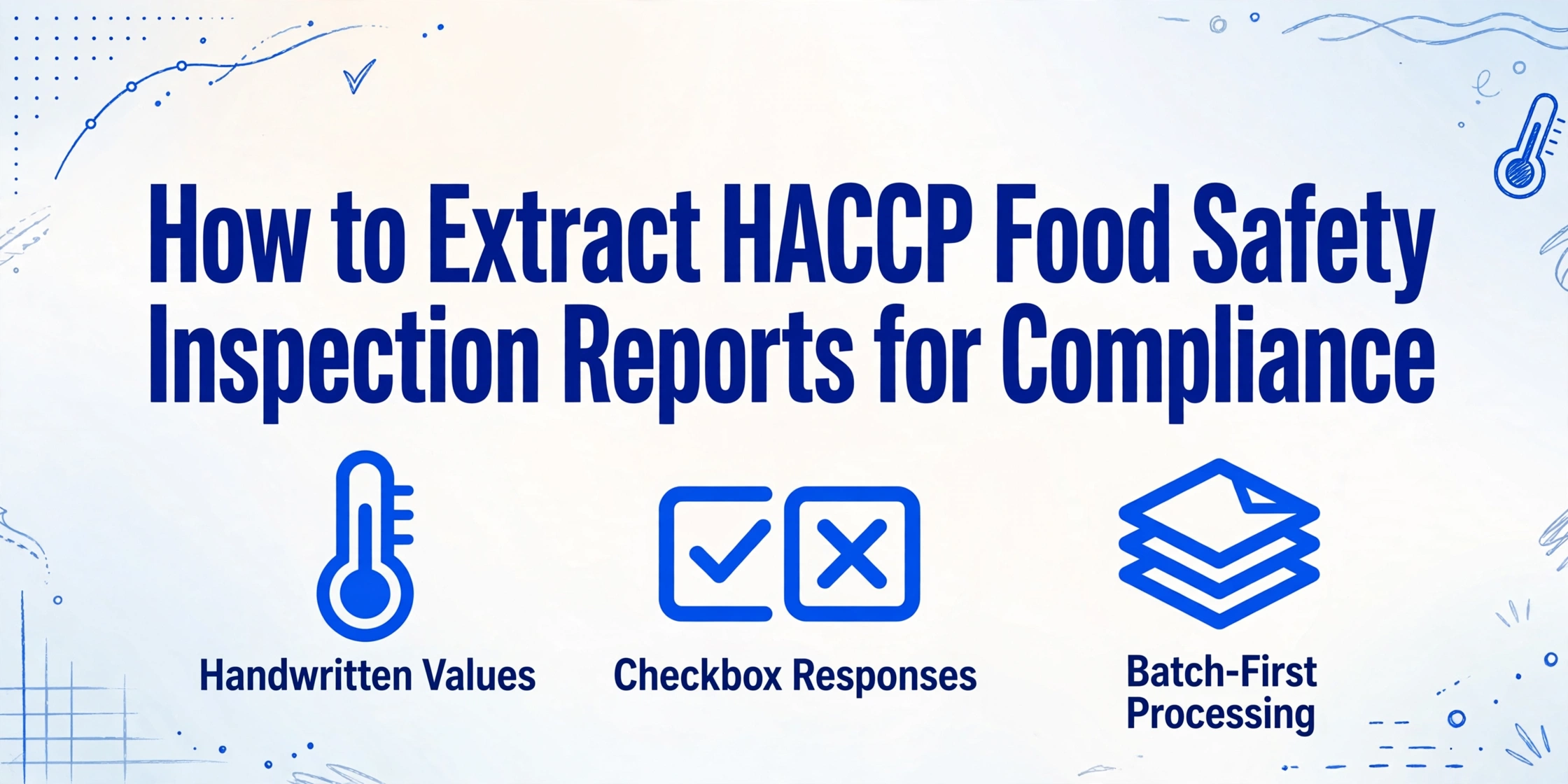 A clean editorial-style hero image with the title 'How to Extract HACCP Food Safety Inspection Reports for Compliance' in large dark blue text, below it three icons with labels 'Handwritten Values', 'Checkbox Responses', and 'Batch-First Processing', on a soft gradient background with subtle blue hand-drawn line decorations in the corners.