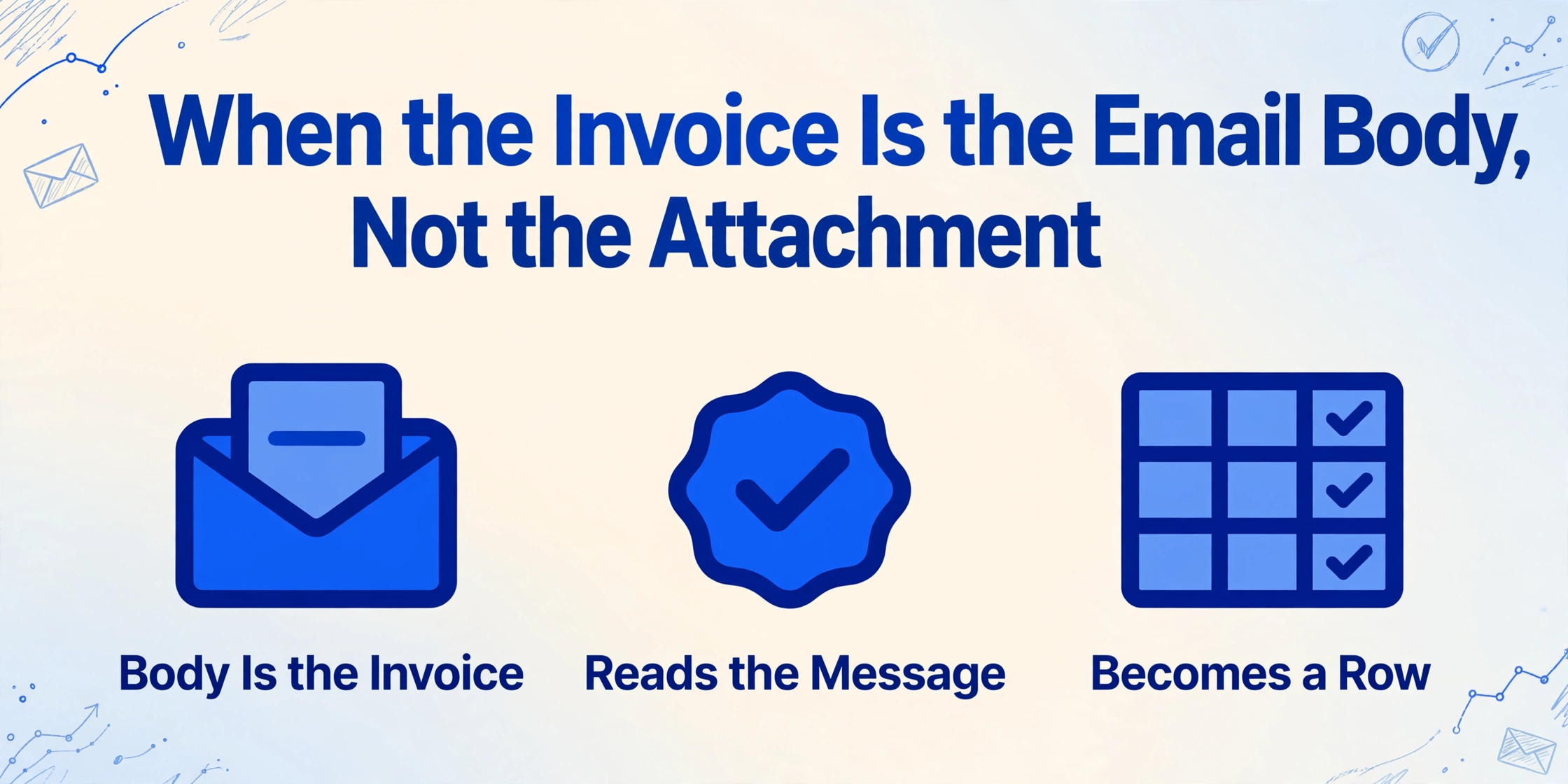 Blog cover illustration with the title 'When the Invoice Is the Email Body, Not the Attachment' and three icons showing the email body as the invoice, reading the message, and turning it into a spreadsheet row