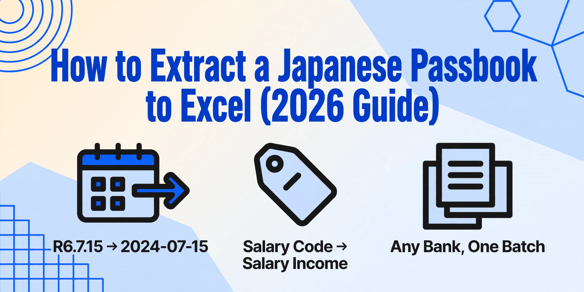 Editorial info-card cover image with the article title and three icon callouts showing an era date converted to Gregorian, a salary code mapped to Salary Income, and any bank's passbook handled in one batch.