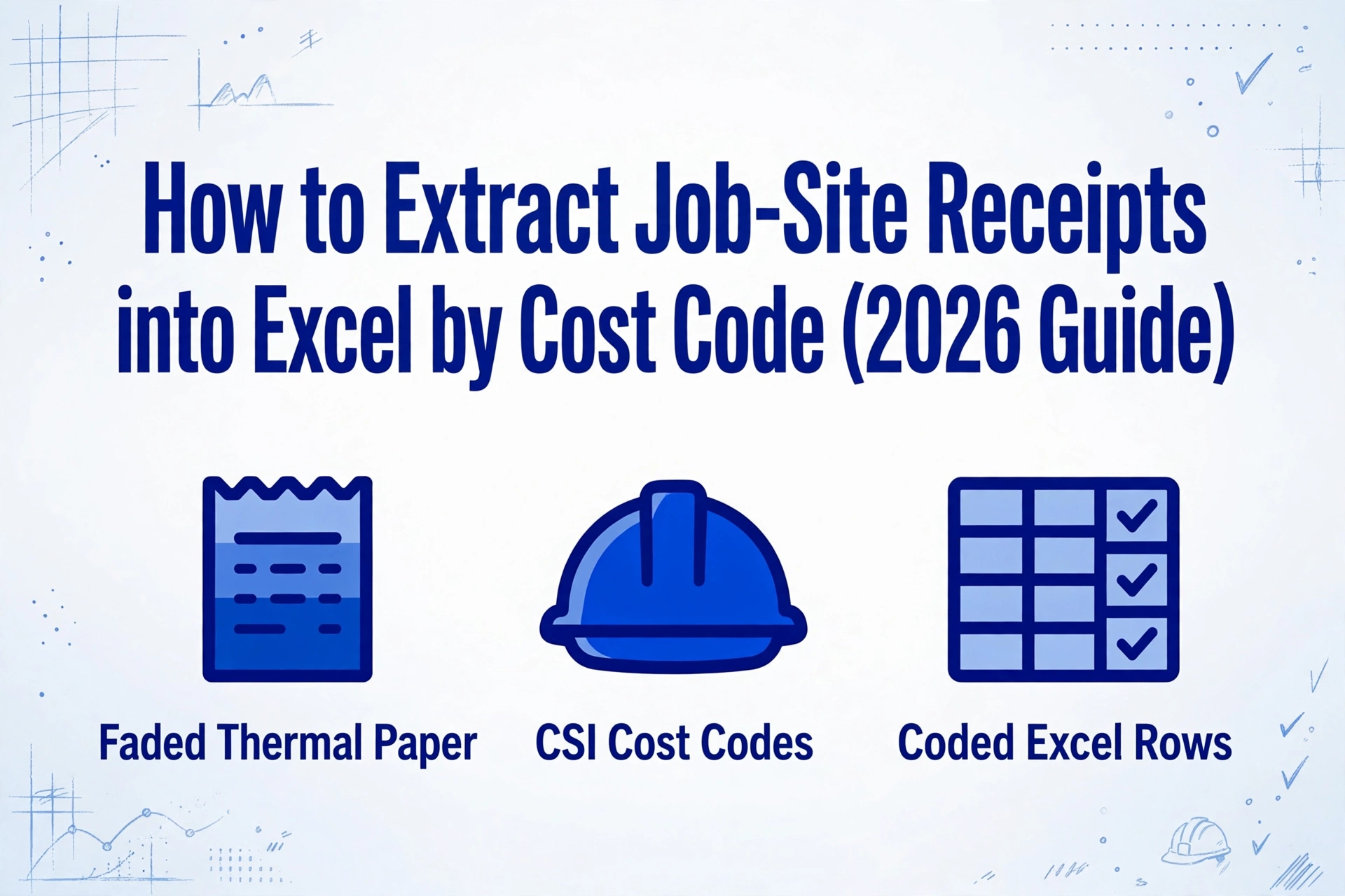 Hero image with title 'How to Extract Job-Site Receipts into Excel by Cost Code (2026 Guide)' and three icons for faded thermal paper, CSI cost codes, and coded Excel rows