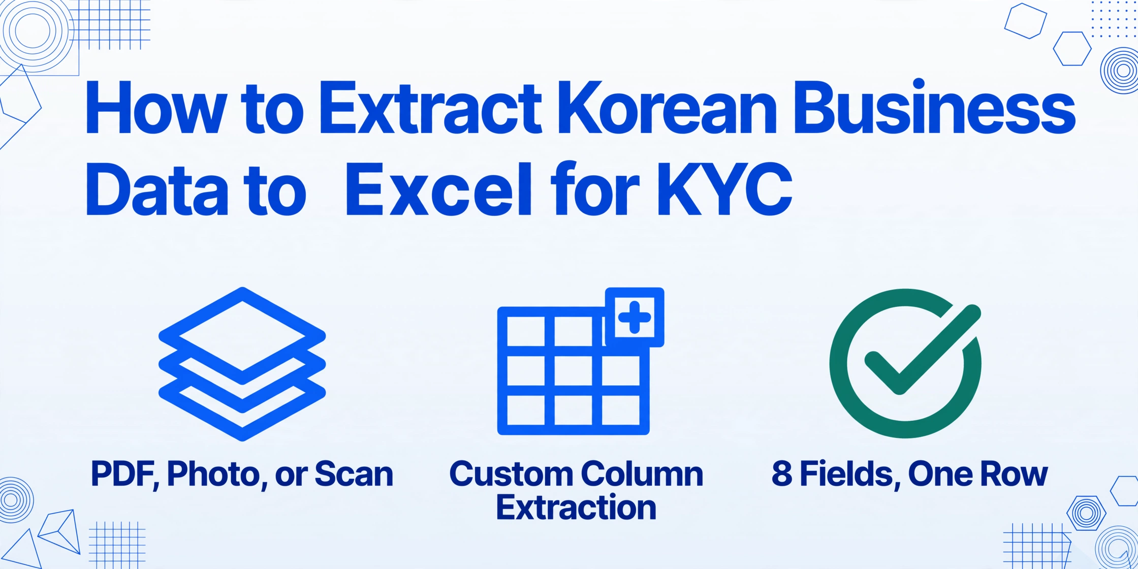 Image principale du blog intitulée 'Comment extraire les données d'enregistrement d'entreprise coréennes vers Excel pour le KYC' avec trois icônes en gras en dessous indiquant PDF, Photo ou Scan ; Extraction de colonnes personnalisées ; et 8 champs, une ligne.