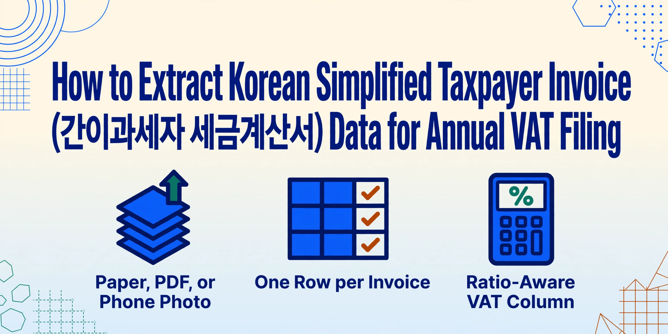 Article hero image: large dark blue title reading How to Extract Korean Simplified Taxpayer Invoice (간이과세자 세금계산서) Data for Annual VAT Filing, with three flat vector icons labeled Paper, PDF, or Phone Photo; One Row per Invoice; and Ratio-Aware VAT Column, on a soft cream-to-blue gradient background with blue geometric line decorations in the corners.
