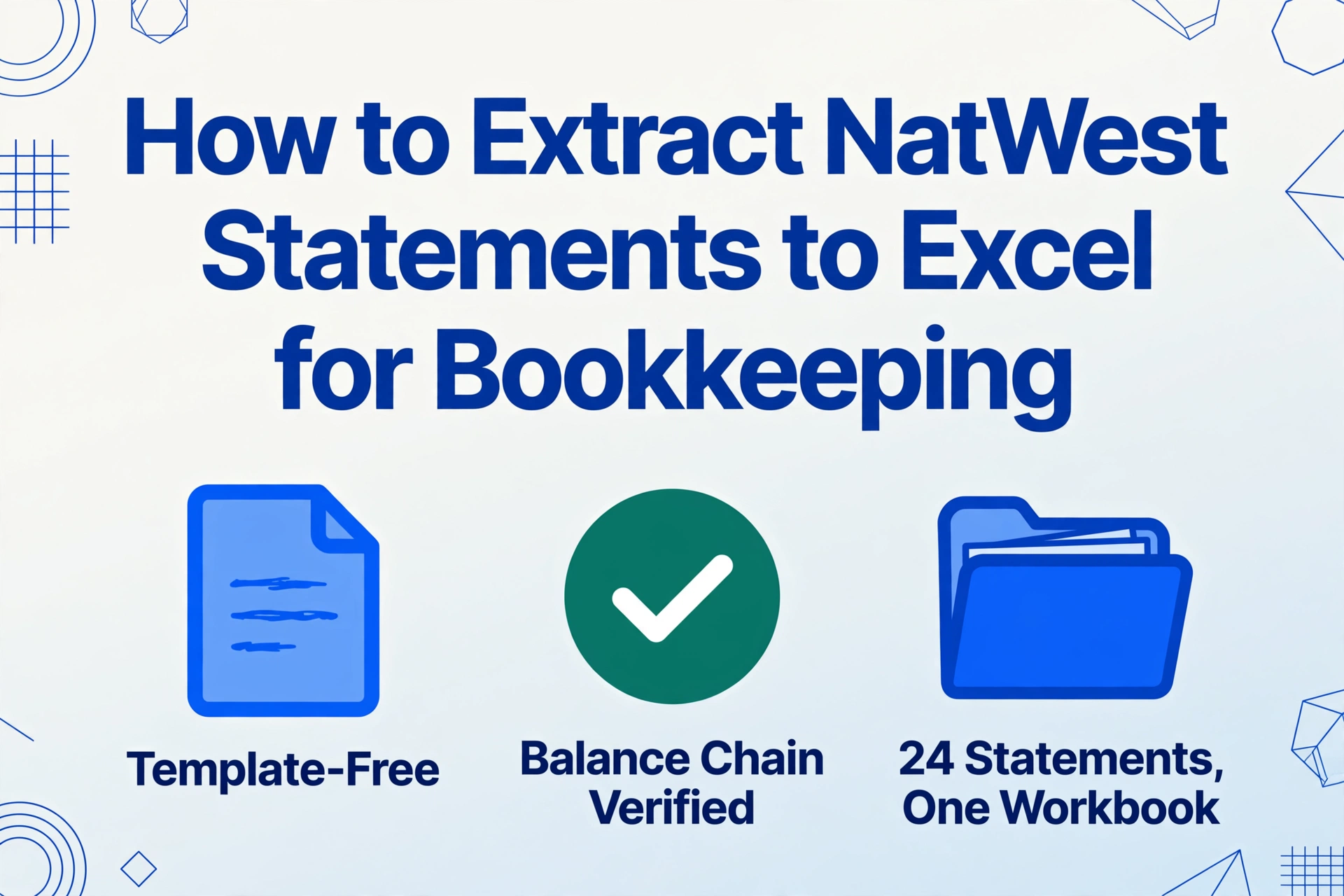 Gráfico principal del blog con el titular 'Cómo extraer extractos de NatWest a Excel para la contabilidad' en grandes letras azules sobre tres iconos vectoriales planos etiquetados 'sin plantilla', 'Cadena de saldos verificada' y '24 extractos, un libro de trabajo', sobre un degradado de crema pálido a azul claro con decoraciones geométricas de líneas azules en las esquinas.