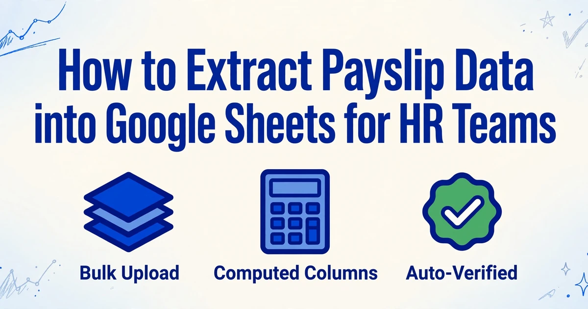 Illustration with title 'How to Extract Payslip Data into Google Sheets for HR Teams' and three icons: bulk upload, computed columns, auto-verified.