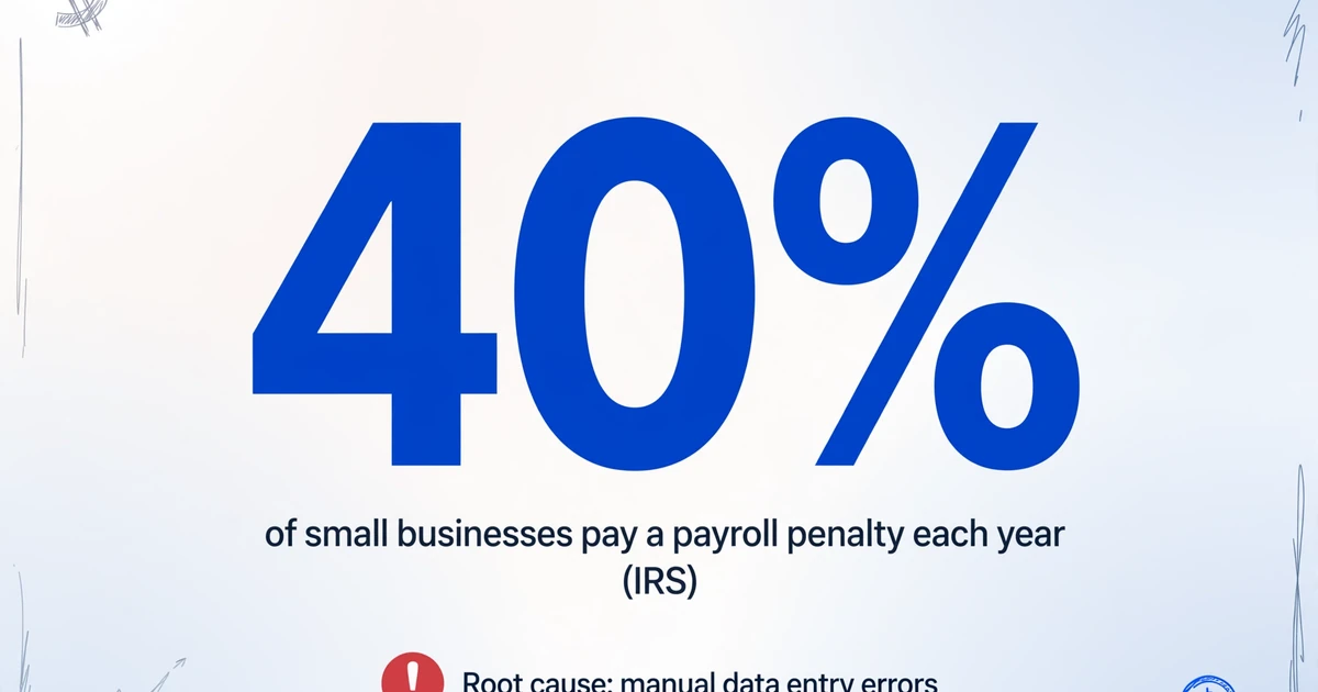 Illustration with large number 40% and caption 'of small businesses pay a payroll penalty each year (IRS)', with a red warning badge.