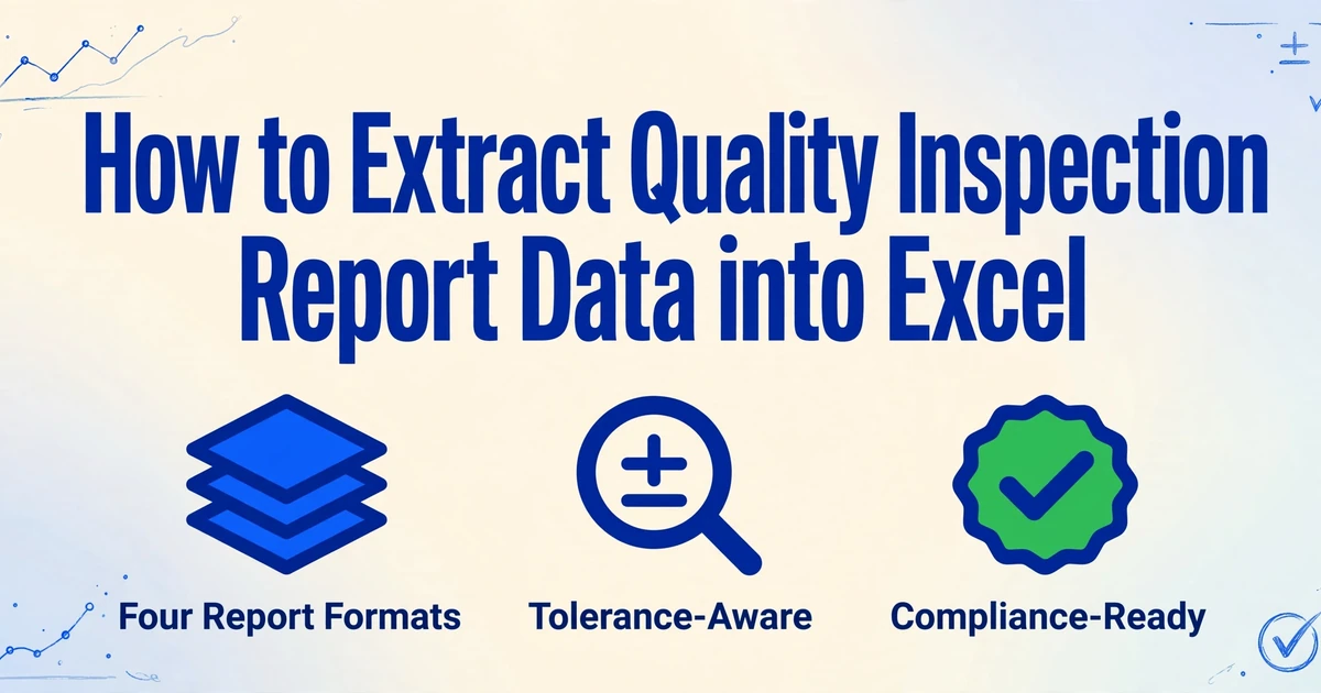 Hero image for the article 'How to Extract Quality Inspection Report Data into Excel' with the title in large dark blue text and three supporting icons for four report formats, tolerance-aware extraction, and compliance-ready output