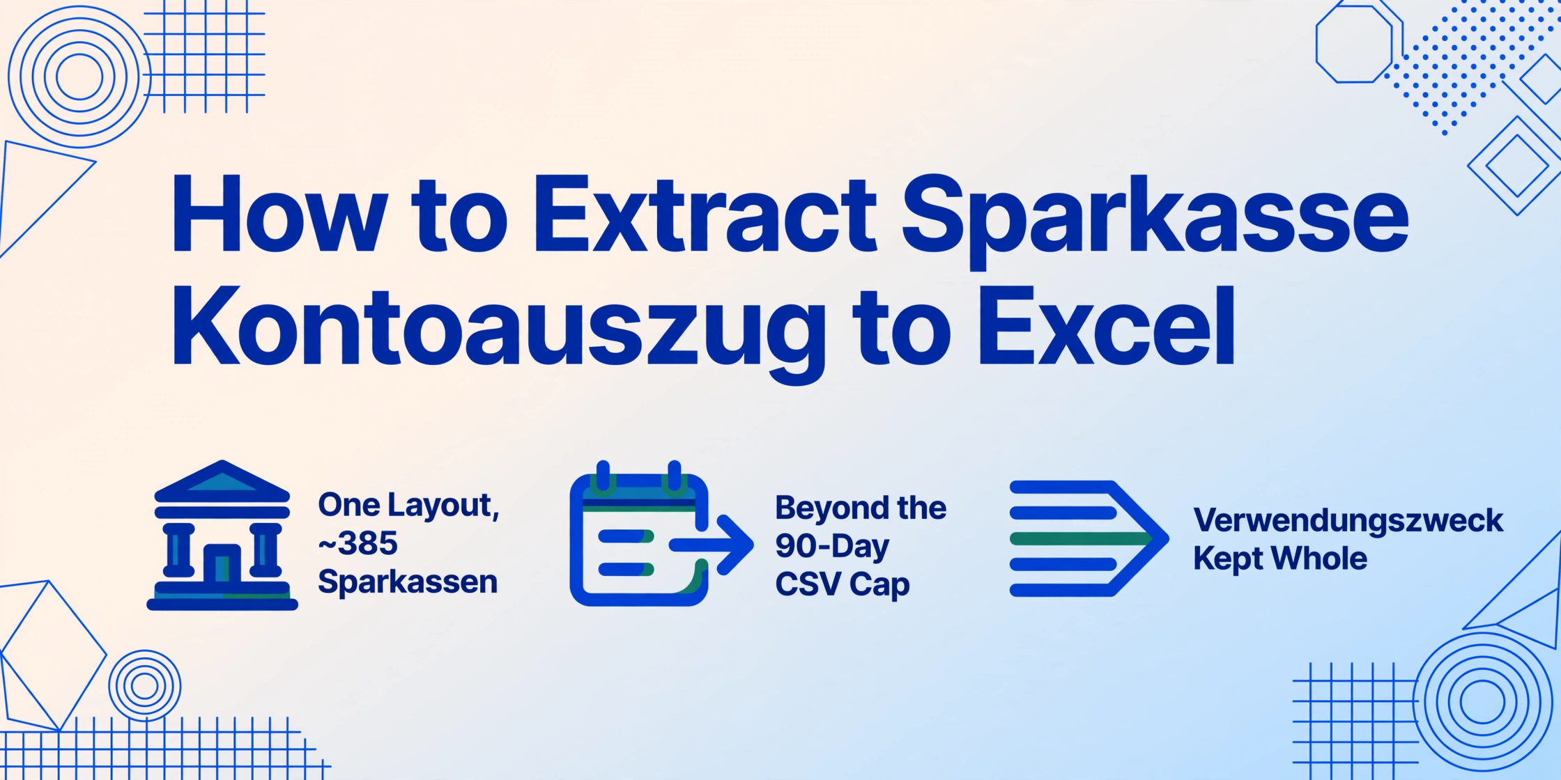 Blog hero image with the title 'How to Extract Sparkasse Kontoauszug to Excel' above three icons: a bank building labelled 'One Layout, ~385 Sparkassen', a calendar page with an arrow labelled 'Beyond the 90-Day CSV Cap', and a multi-line-to-single-line text icon labelled 'Verwendungszweck Kept Whole'.