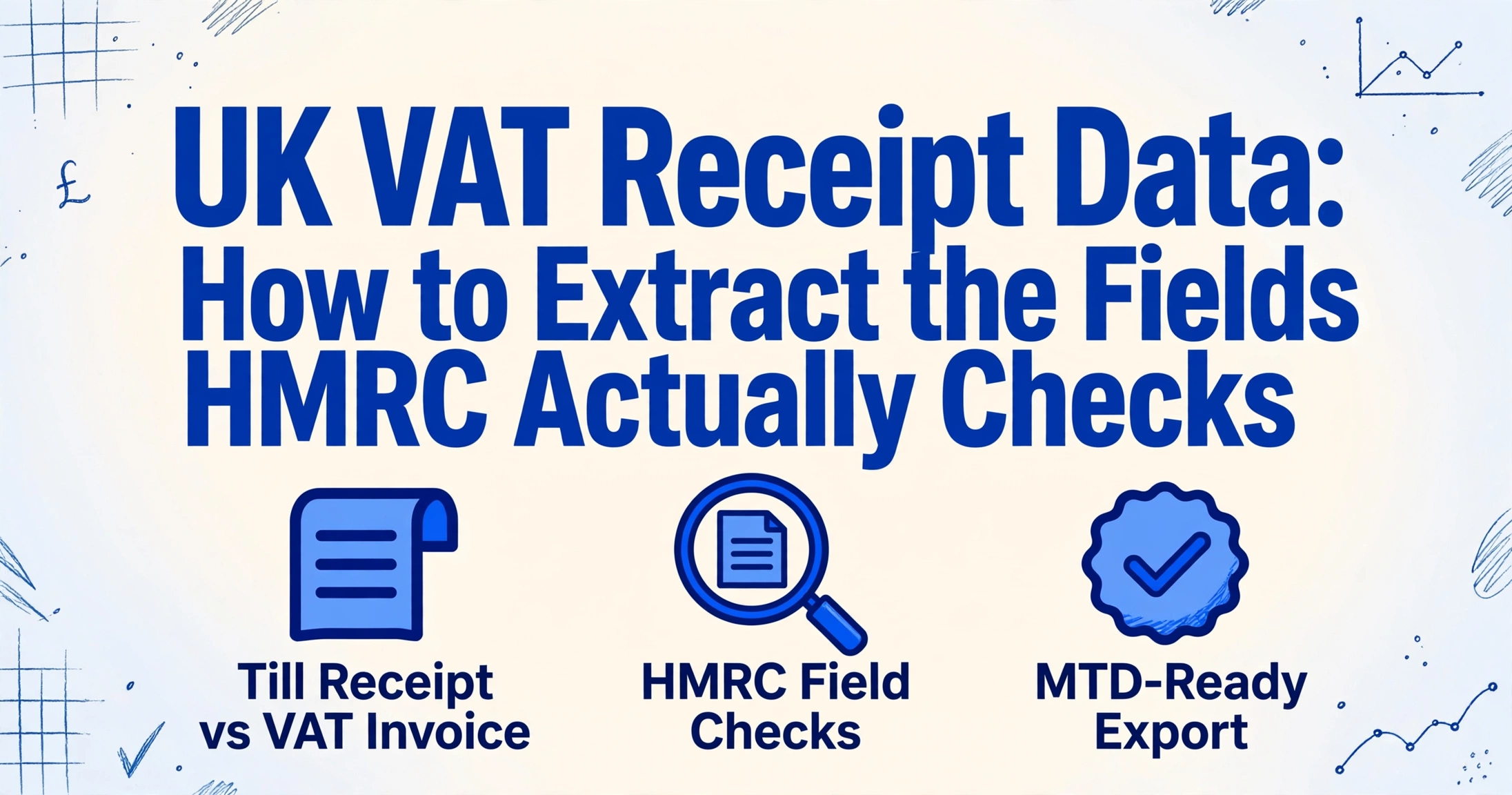 Image principale avec le titre « Données de reçu TVA au Royaume-Uni : comment extraire les champs que HMRC vérifie réellement » et trois icônes pour reçu de caisse vs facture TVA, contrôles de champs HMRC et export prêt pour MTD