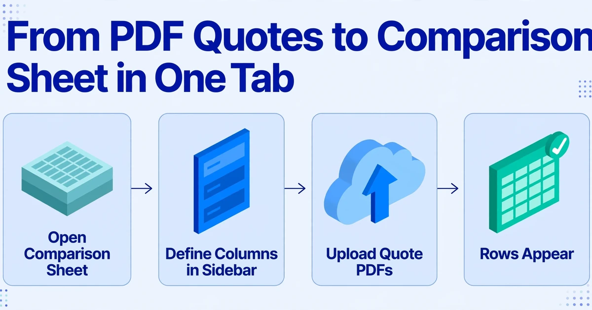 Four-step workflow diagram: Open Comparison Sheet, Define Columns in Sidebar, Upload Quote PDFs, Rows Appear