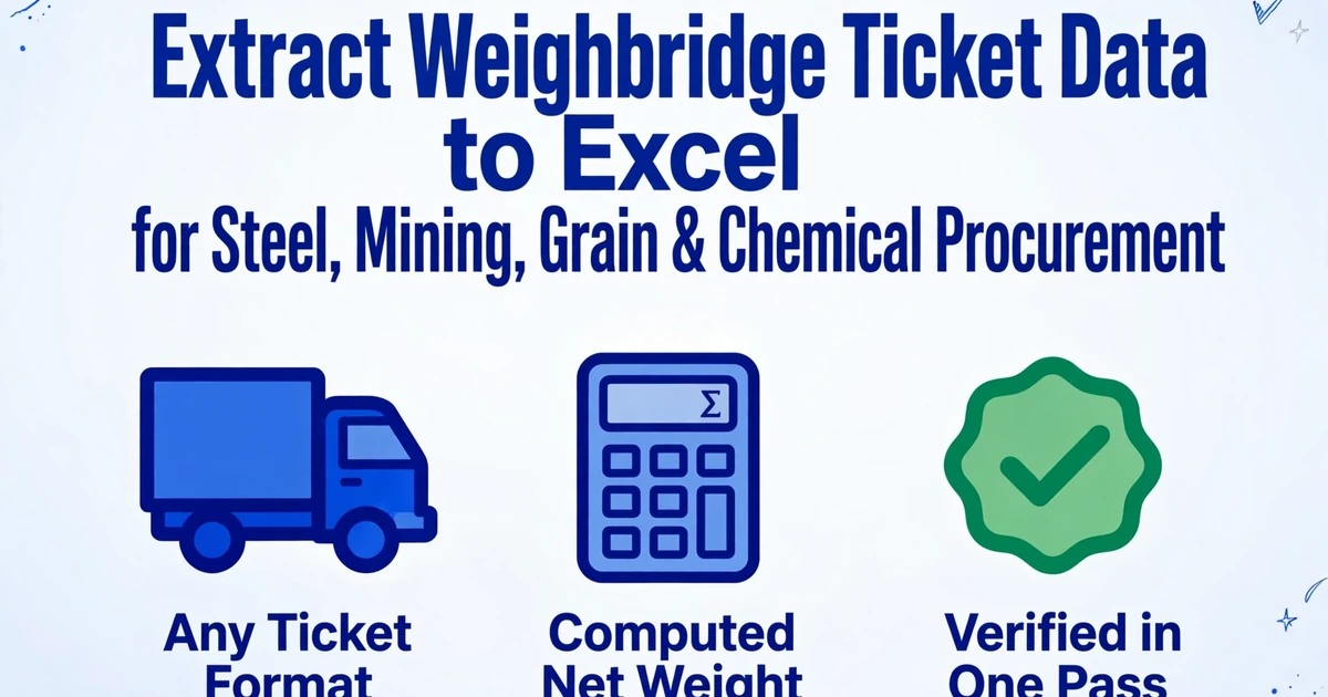 Blog cover image with the title 'Extract Weighbridge Ticket Data to Excel for Steel, Mining, Grain & Chemical Procurement' and three icons for Any Ticket Format, Computed Net Weight, and Verified in One Pass