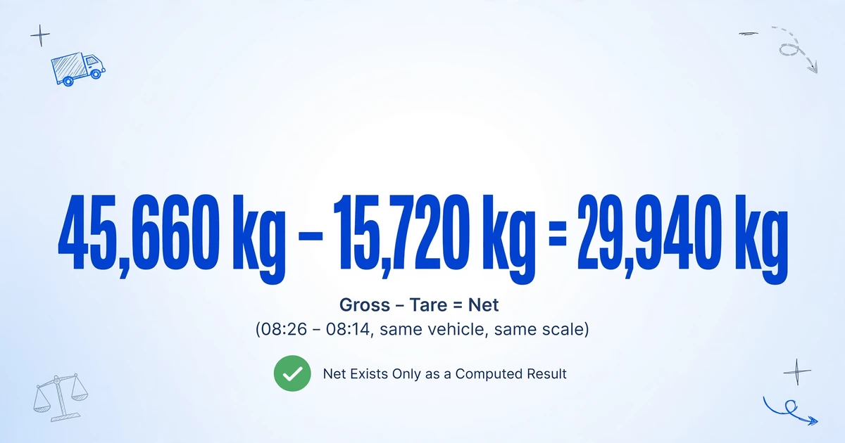 Large equation showing 45,660 kg minus 15,720 kg equals 29,940 kg with caption Gross minus Tare equals Net and a green check badge labeled Net Exists Only as a Computed Result