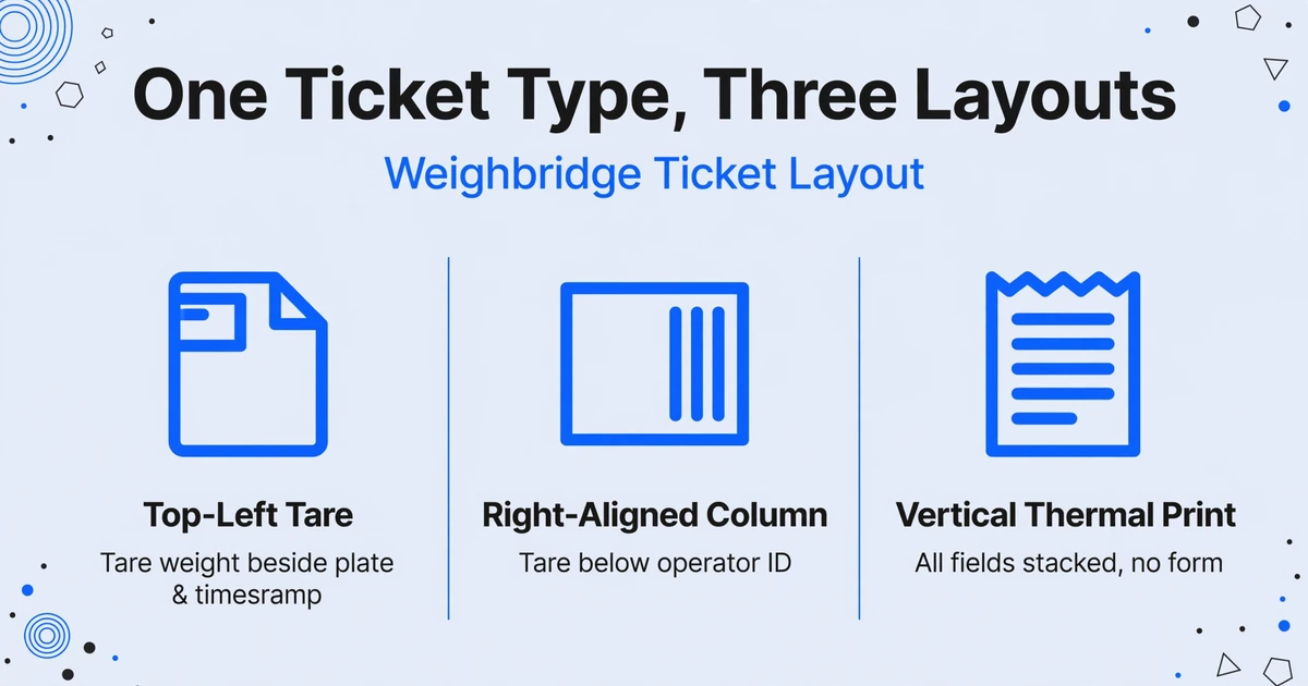 Three-column comparison showing One Ticket Type Three Layouts with Top-Left Tare, Right-Aligned Column, and Vertical Thermal Print as the three layout variations