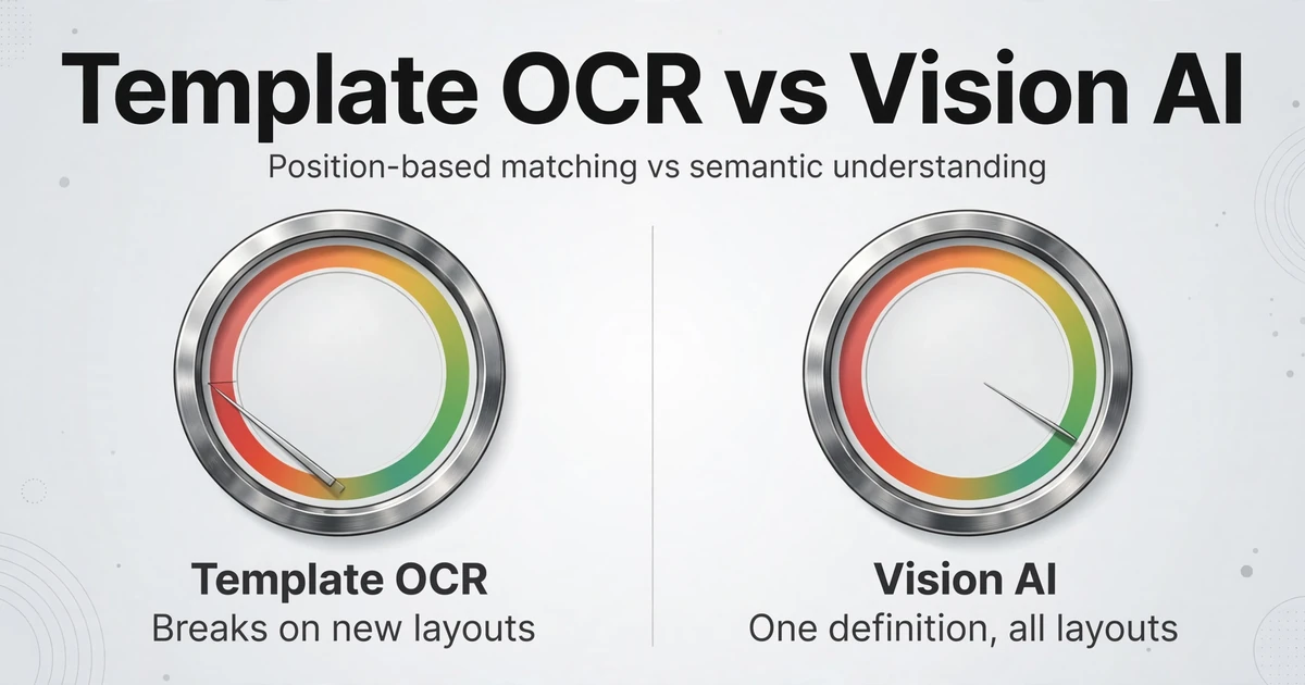 Two-gauge comparison showing Template OCR with pointer in red zone labeled Breaks on new layouts versus Vision AI with pointer in green zone labeled One definition all layouts