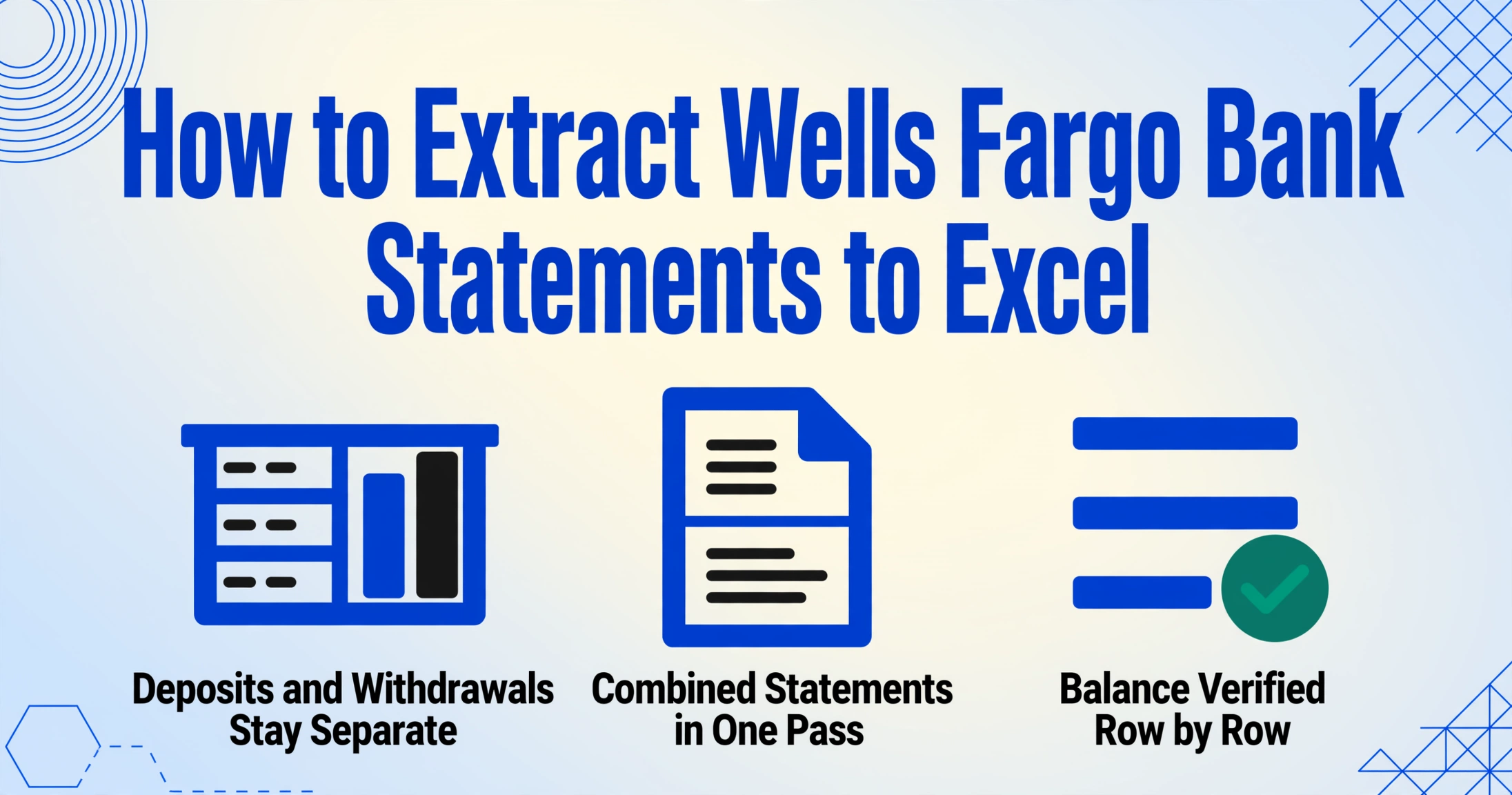 Tarjeta de portada del blog con el título Cómo extraer estados de cuenta de Wells Fargo a Excel, sobre tres iconos vectoriales planos y leyendas: una tabla con dos columnas de montos separadas, un PDF dividido en dos bloques de cuenta y una columna de saldo actual con una insignia de verificación verde.