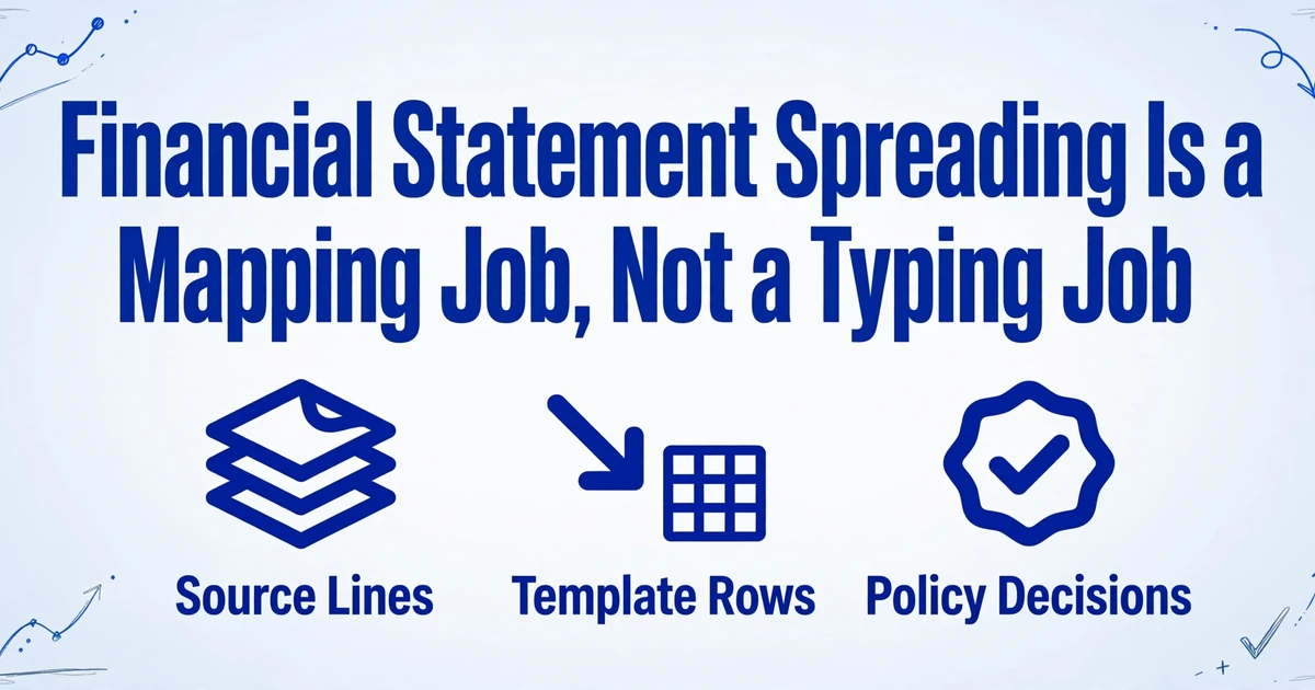 A clean editorial-style banner with the title 'Financial Statement Spreading Is a Mapping Job, Not a Typing Job' in large dark blue text, supported by three small icons for Source Lines, Template Rows, and Policy Decisions, with subtle hand-drawn blue line decorations in the corners.