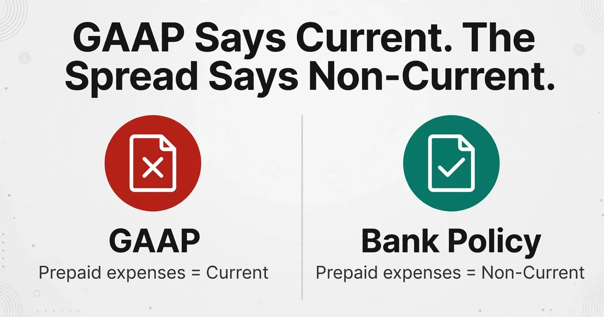 A two-column comparison chart titled 'GAAP Says Current. The Spread Says Non-Current.' The left column shows a red X icon labeled 'GAAP' with 'Prepaid expenses = Current', and the right column shows a green check icon labeled 'Bank Policy' with 'Prepaid expenses = Non-Current'.