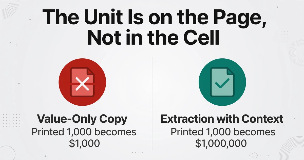 A two-column comparison chart titled 'The Unit Is on the Page, Not in the Cell'. The left column shows a red X icon labeled 'Value-Only Copy' with 'Printed 1,000 becomes $1,000', and the right column shows a green check icon labeled 'Extraction with Context' with 'Printed 1,000 becomes $1,000,000'.