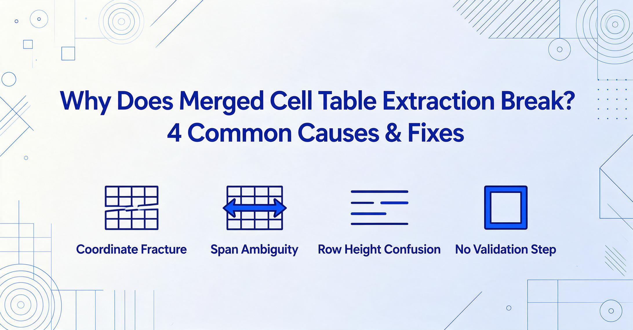 Flat vector blog cover with the headline Why Does Merged Cell Table Extraction Break? 4 Common Causes and Fixes above four line icons labelled Coordinate Fracture, Span Ambiguity, Row Height Confusion and No Validation Step.