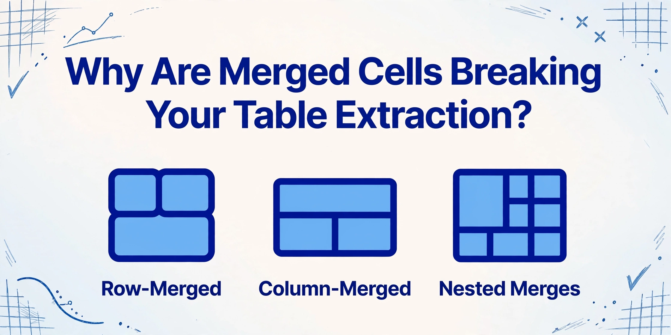 Illustration with title 'Why Are Merged Cells Breaking Your Table Extraction?' and three icons representing row-merged, column-merged, and nested merged cells, on a light blue gradient background with hand-drawn table grid decorations.