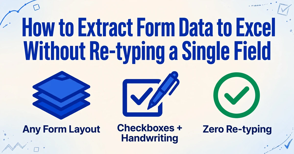 Blog cover image with title 'How to Extract Form Data to Excel — Without Re-typing a Single Field' and three icons for Any Form Layout, Checkboxes plus Handwriting, and Zero Re-typing