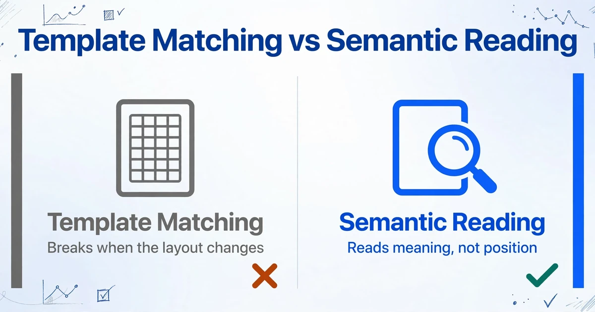 Two-column comparison showing Template Matching breaks when the layout changes (gray, marked with a red X) versus Semantic Reading reads meaning not position (blue, marked with a green checkmark)
