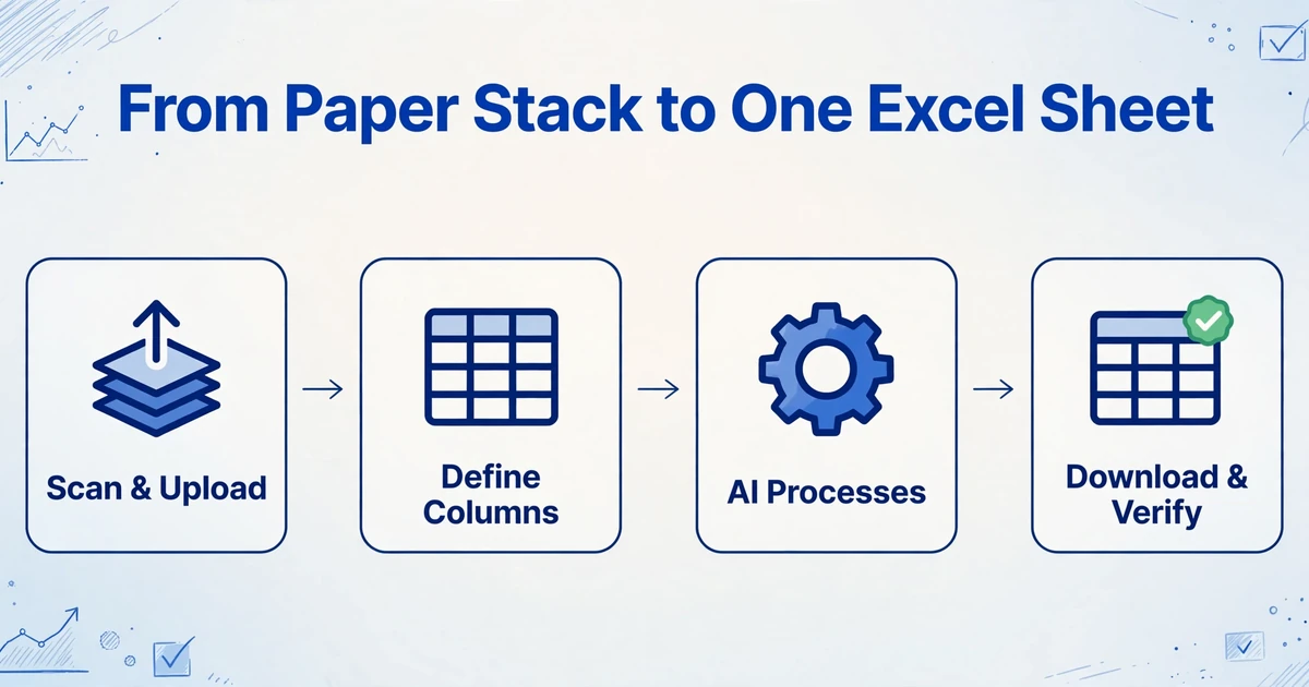 Four-step workflow diagram showing Scan & Upload, Define Columns, AI Processes, and Download & Verify steps connected by arrows