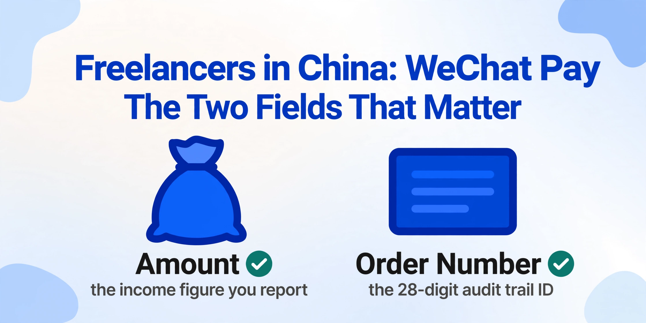 Flaches Vektor-Blog-Heldenbild mit der Überschrift 'Freelancer in China: WeChat Pay im Blick / Die zwei entscheidenden Felder' in Dunkelblau, über zwei Symbolen mit der Beschriftung Betrag und Bestellnummer, jeweils mit einem kleinen grünen Häkchen-Abzeichen, auf einem hellen Verlaufs-hintergrund mit blauen abstrakten Farbblock-Dekorationen