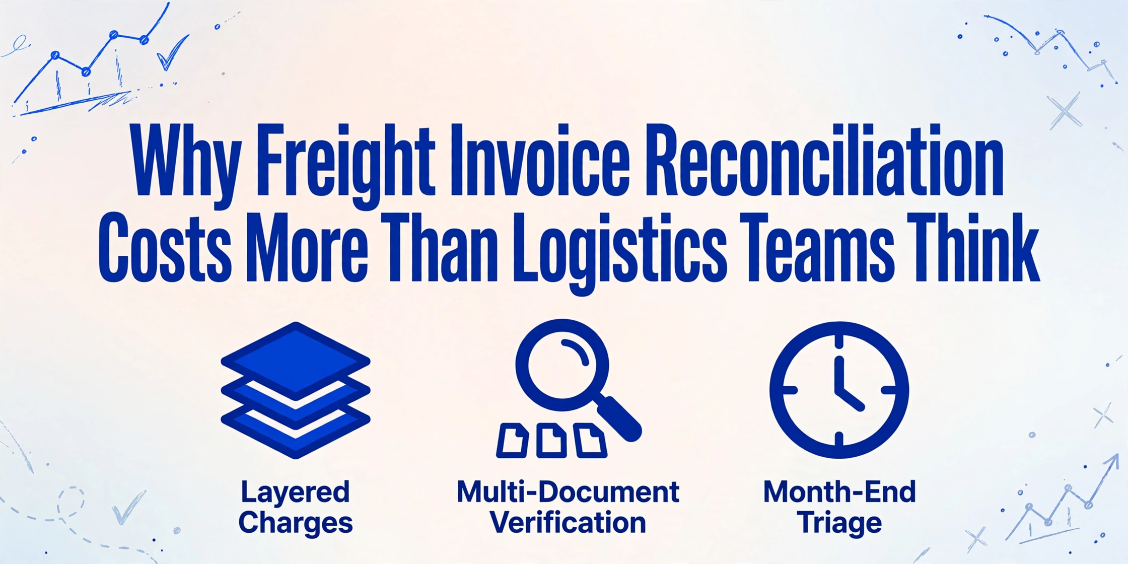 Imagem de capa do blog com o título 'Por que a Reconciliação de Faturas de Frete Custa Mais do que as Equipes de Logística Pensam' em texto azul escuro em negrito, com três ícones abaixo representando cobranças em camadas, verificação de múltiplos documentos e triagem de fim de mês, em um fundo com gradiente suave e decorações de linhas desenhadas à mão nos cantos