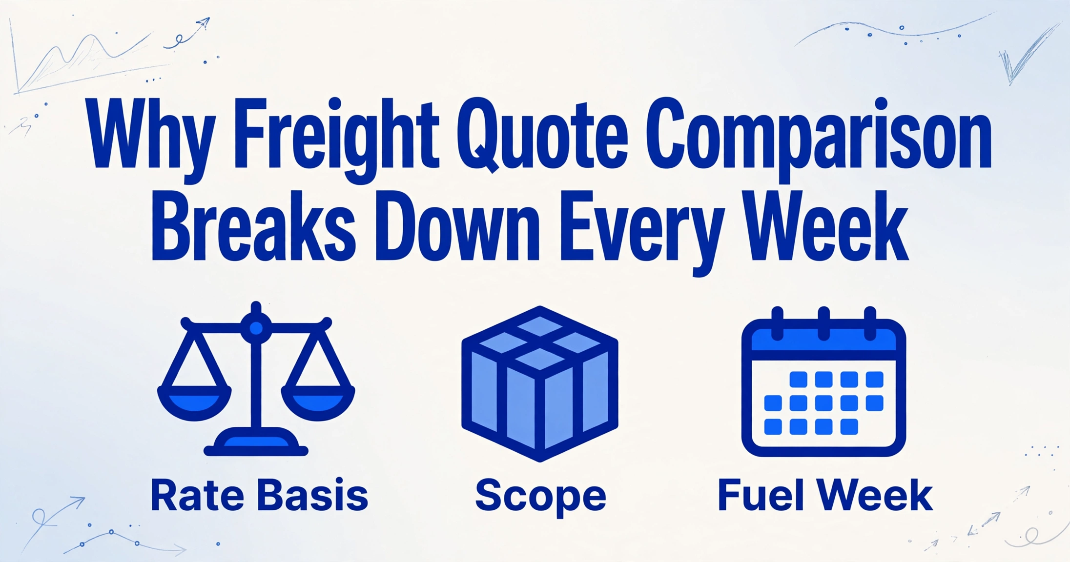 Titre 'Why Freight Quote Comparison Breaks Down Every Week' avec trois icônes pour Rate Basis, Scope et Fuel Week