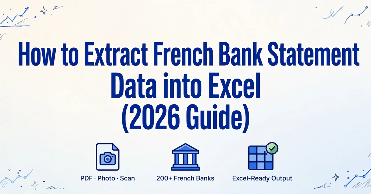 Hero illustration titled 'How to Extract French Bank Statement Data into Excel (2026 Guide)' with three icons for PDF/Photo/Scan, 200+ French Banks, and Excel-Ready Output