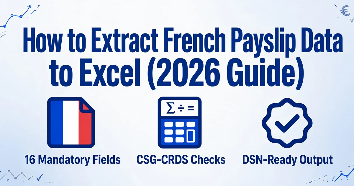 タイトル「フランスの給与明細書データをExcelに抽出する方法（2026年版）」と、その下に16の必須項目・CSG-CRDSチェック・DSN対応出力の3つのアイコンを配したヒーロー画像
