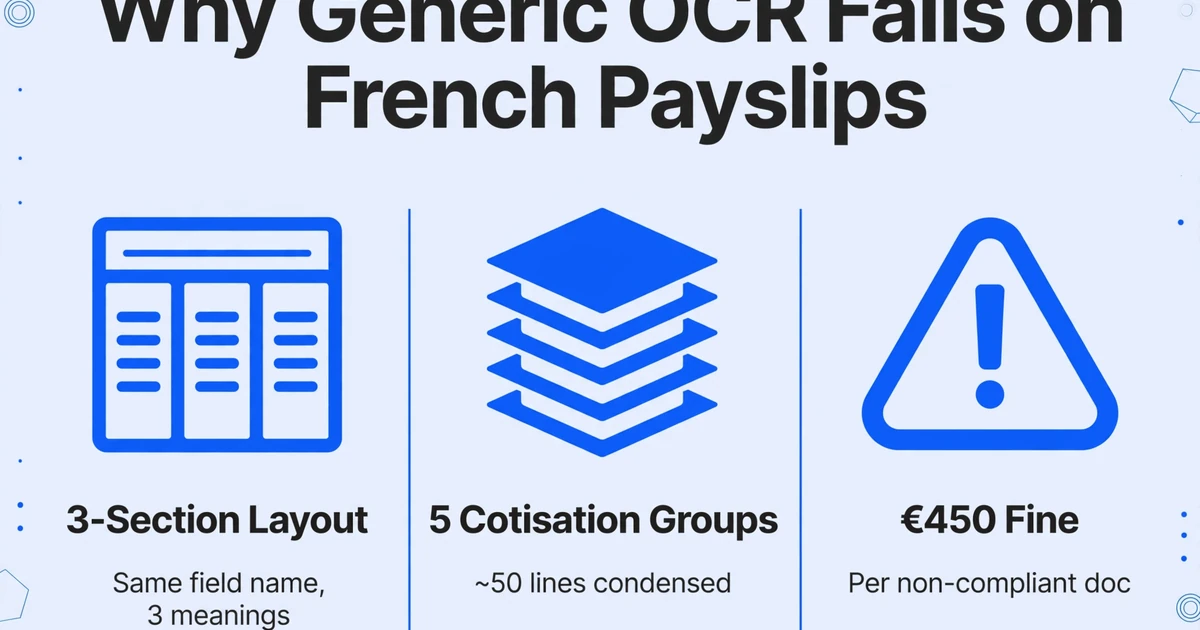Dreispaltiger Vergleich, warum generische OCR bei französischen Gehaltsabrechnungen scheitert: 3-Abschnitt-Layout, 5 Beitragsgruppen und 450 € Strafe pro nicht konformem Dokument