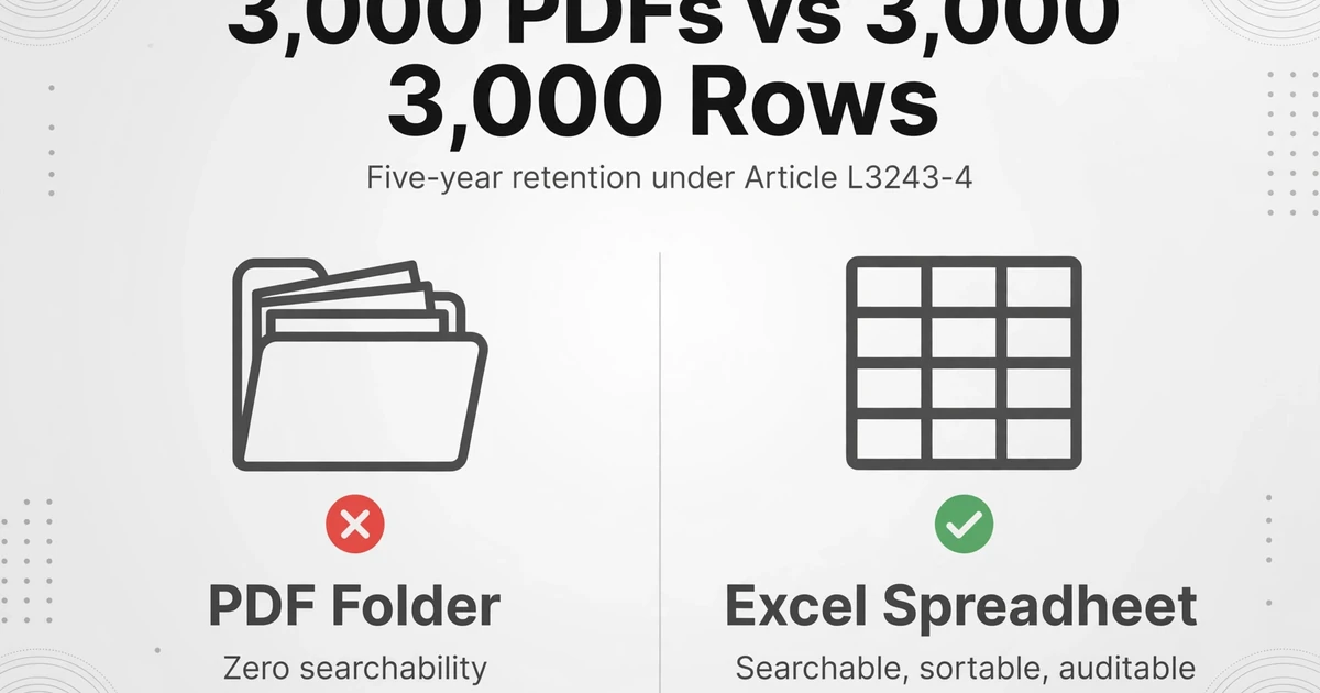 2列の比較：赤いX印が付いた「検索不可」とラベルされたPDFフォルダ vs 緑のチェックマークが付いた「検索・並べ替え・監査可能」とラベルされたExcelスプレッドシート、タイトル「3,000件のPDF vs 3,000行」の下