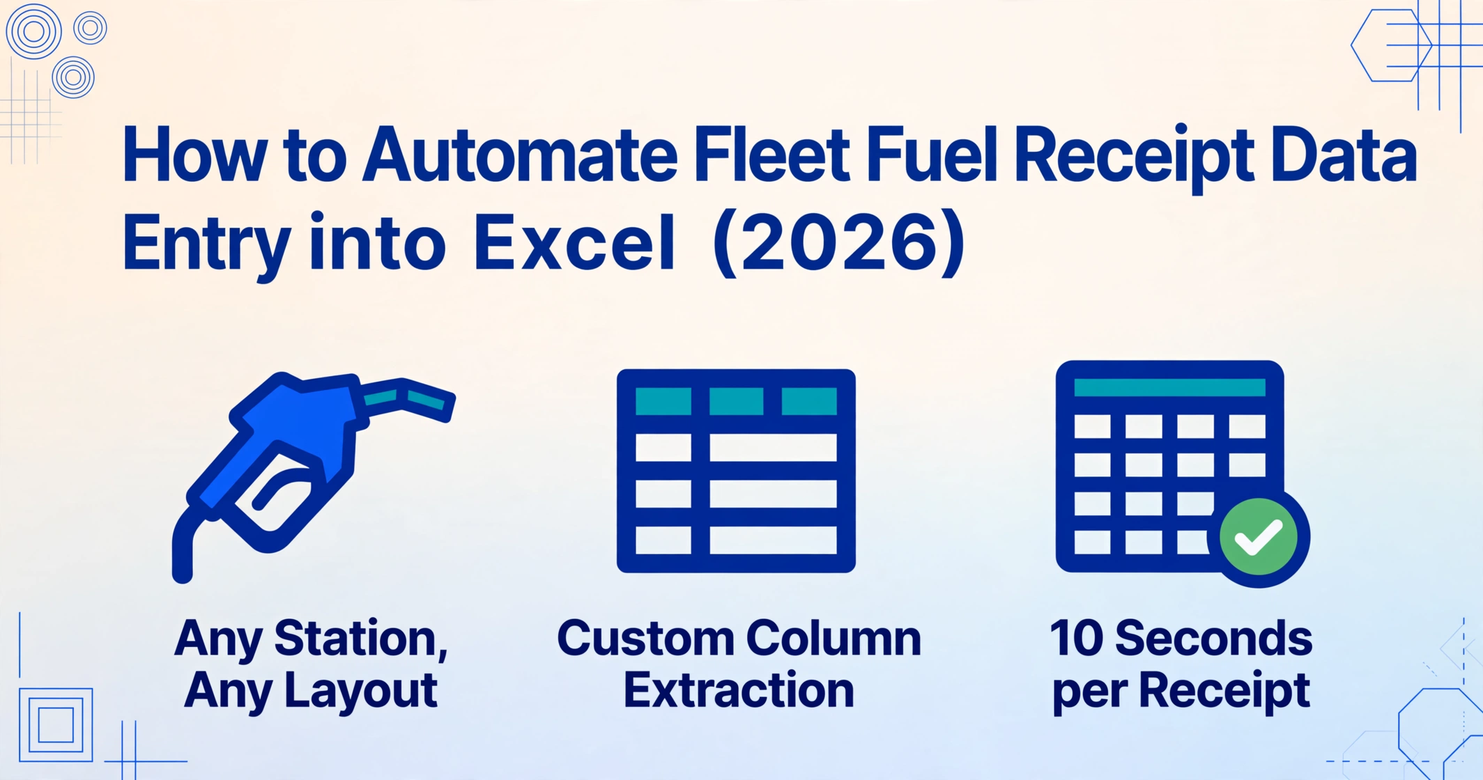 Gráfico principal del blog en estilo vectorial plano con el título Cómo automatizar el registro de recibos de combustible de flotas en Excel (2026) y tres iconos debajo que dicen Cualquier estación, cualquier formato, Extracción de Columnas Personalizadas y 10 segundos por recibo.