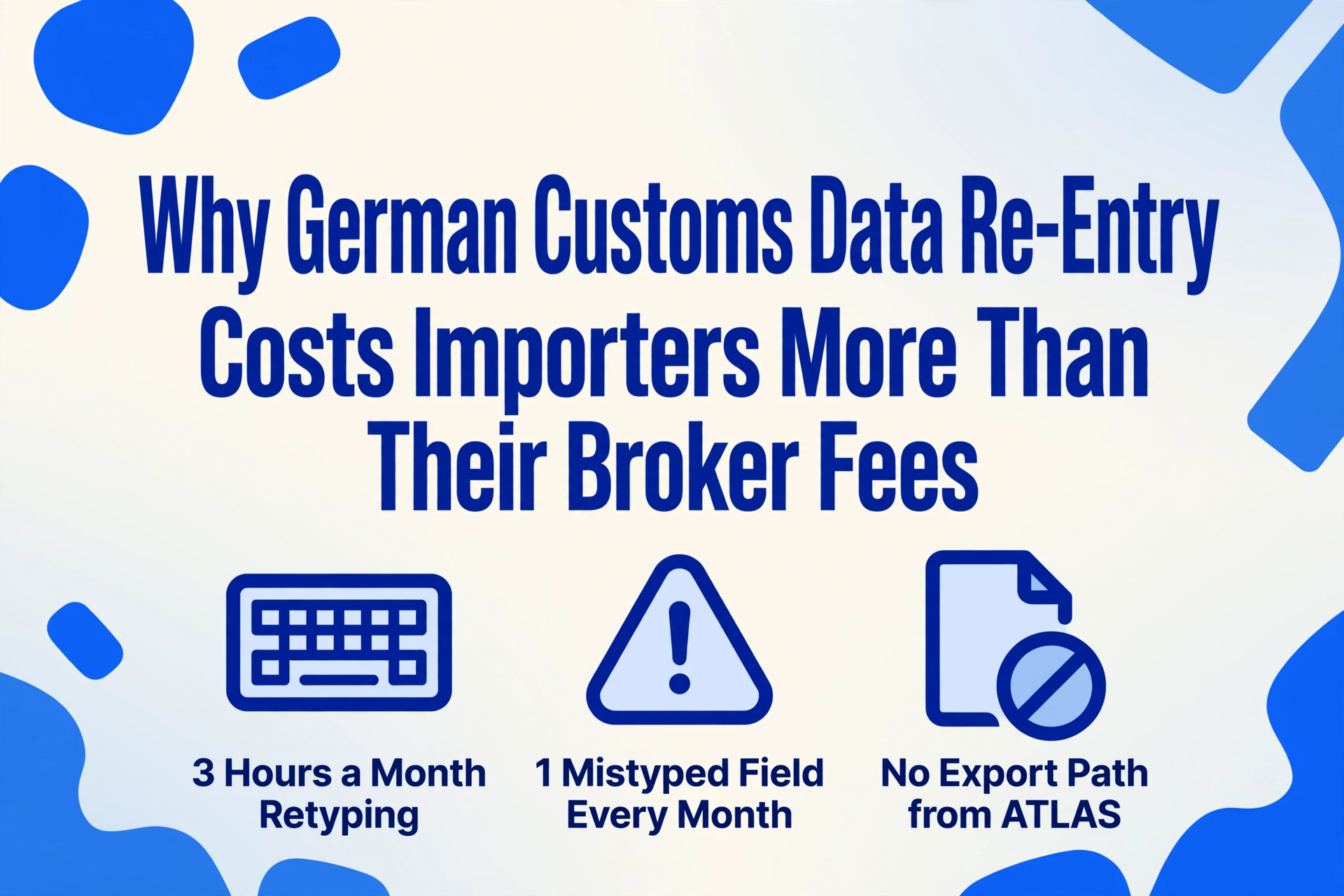 Flat vector hero graphic with the headline 'Why German Customs Data Re-Entry Costs Importers More Than Their Broker Fees' above three blue icons: a keyboard labeled '3 Hours a Month Retyping', a warning triangle labeled '1 Mistyped Field Every Month', and a document with a forbidden sign labeled 'No Export Path from ATLAS'.